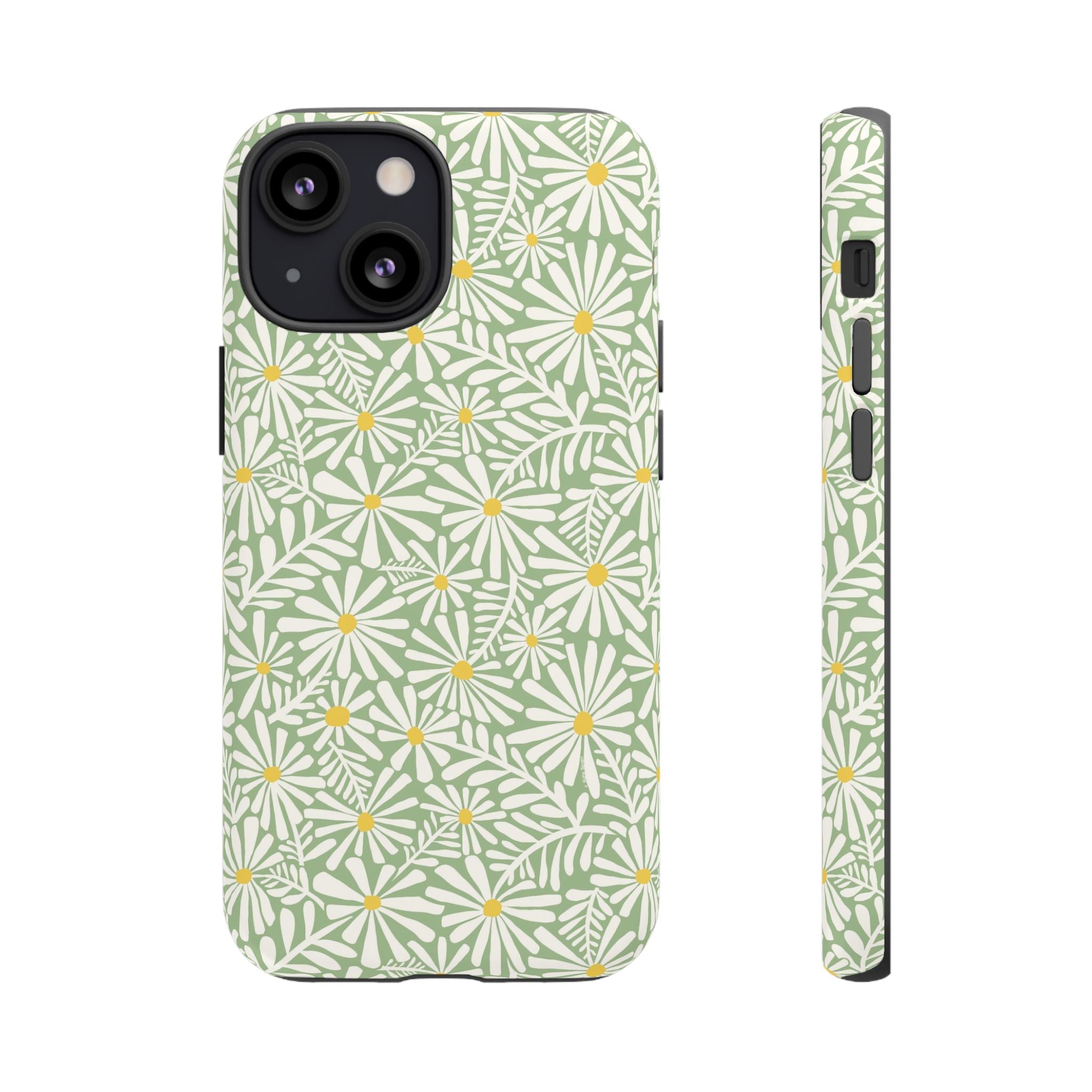 Montauk Daisy Meadow Green iPhone 13 Mini Case – Matte | sage green, white graphic daisy and fern print, golden yellow centers | dual-layer protection