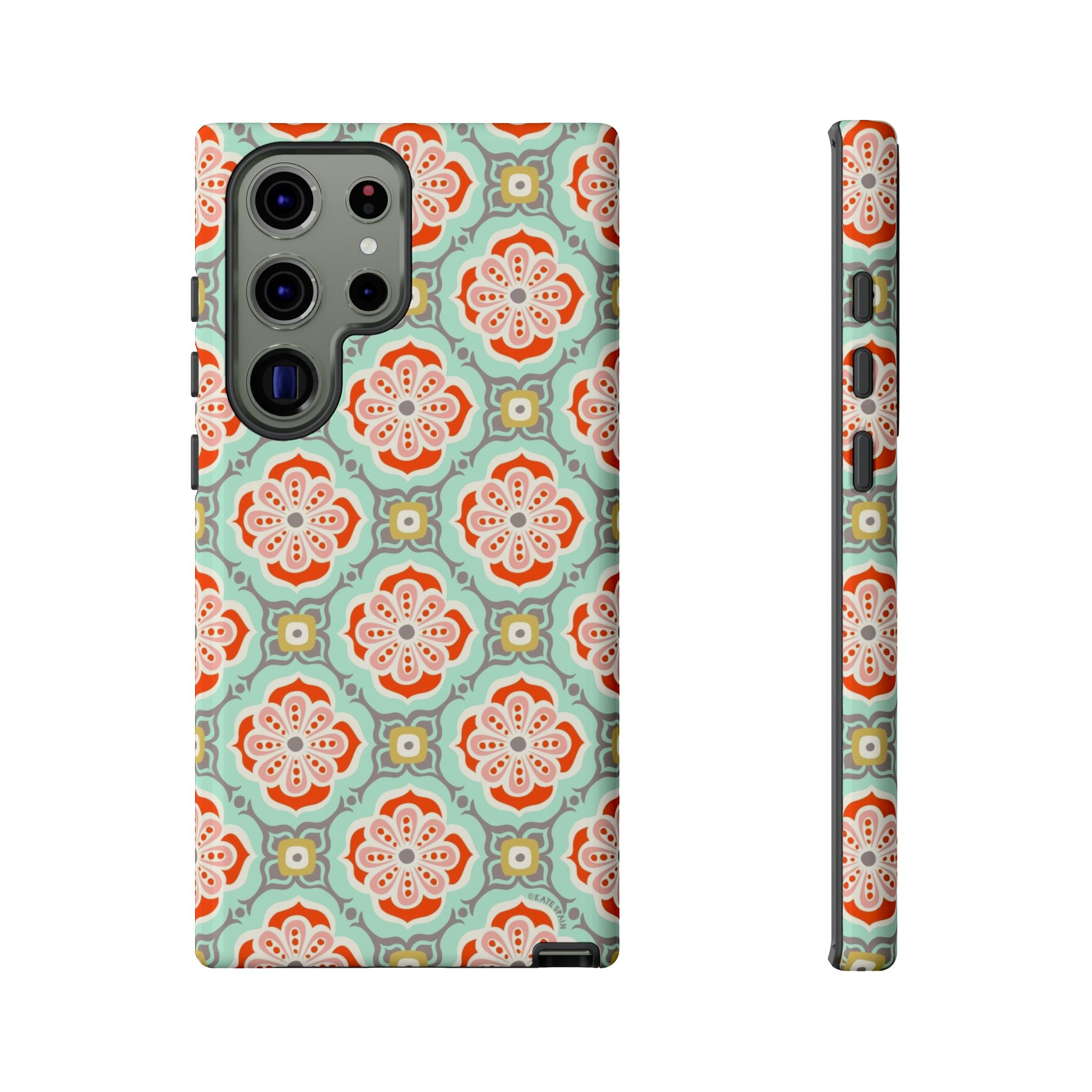 Luxury Alhambra Samsung Galaxy S23 Ultra Case – Glossy | light turquoise, coral, cream geometric medallion tile print