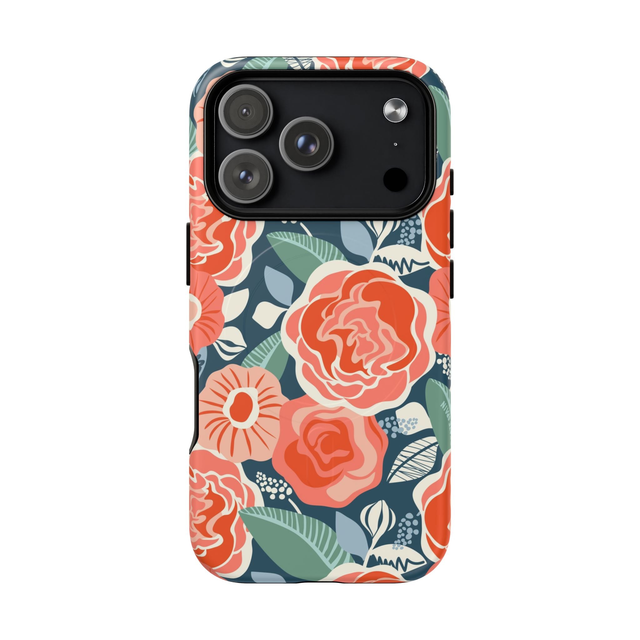 Luxury Tea Rose Navy MagSafe iPhone 17 Pro Case – Matte | navy, coral, peach botanical rose floral print