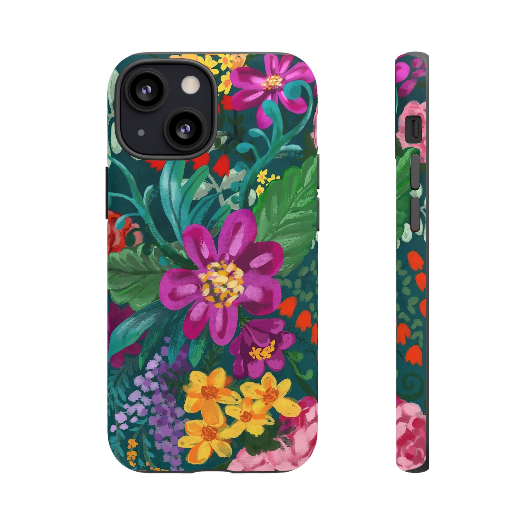Posy Tough iPhone 13 Mini Case – Matte | teal, purple, magenta, yellow botanical wildflower print