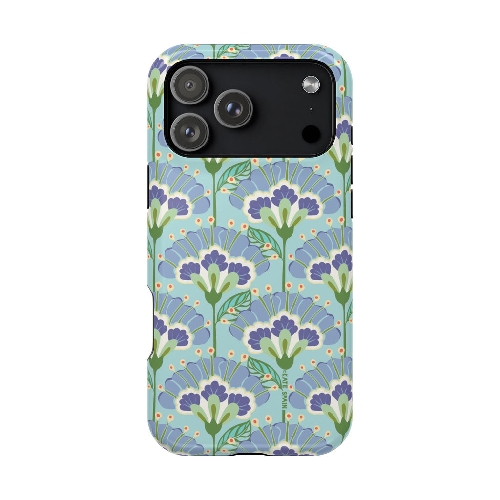Lantern Flower MagSafe iPhone 17 Pro Max Case – Glossy | aqua, periwinkle, green botanical lantern floral print MagSafe compatible, dual-layer protection