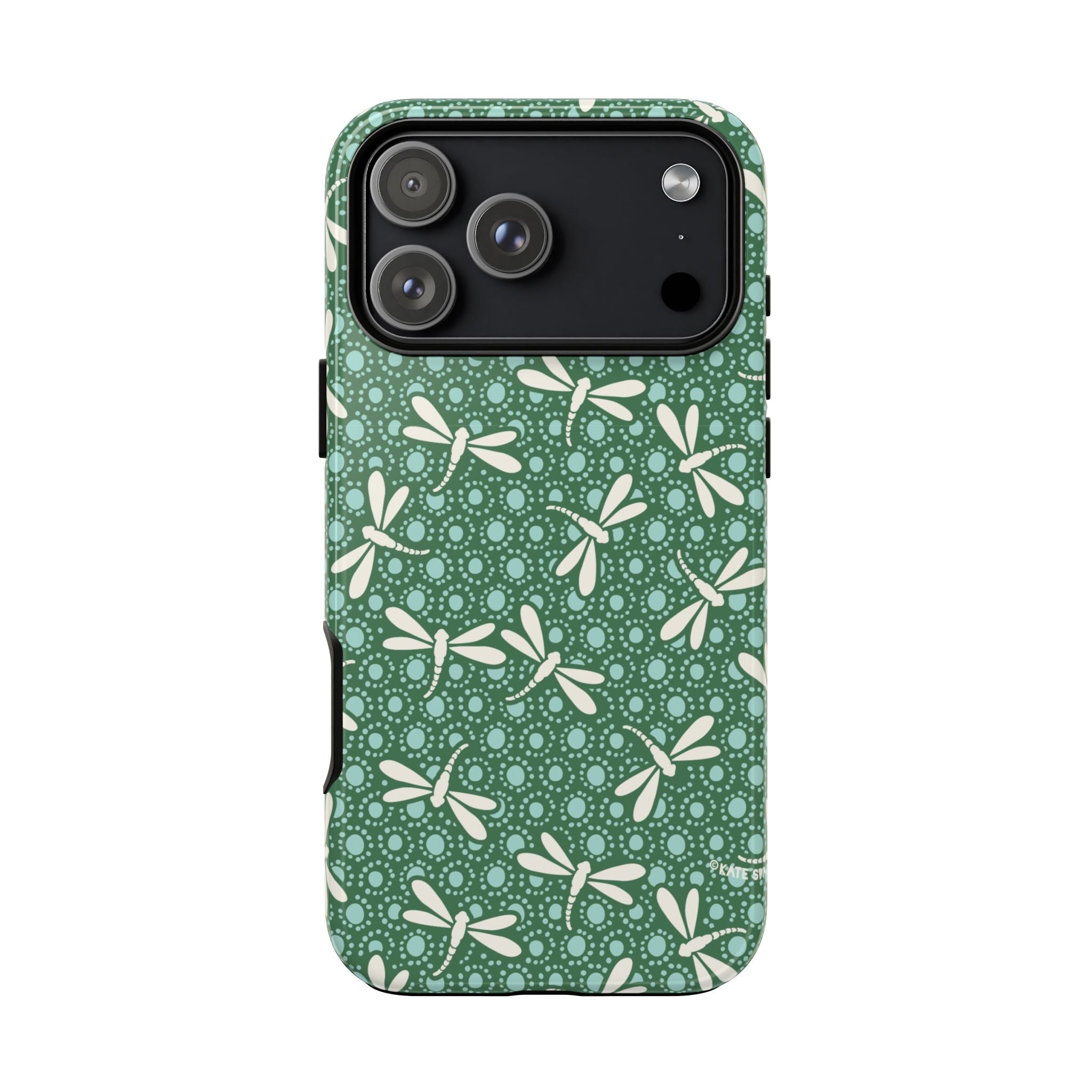 Designer Dragonfly Tough iPhone 17 Pro Max Case – Glossy | jade green, aqua, cream dragonfly print