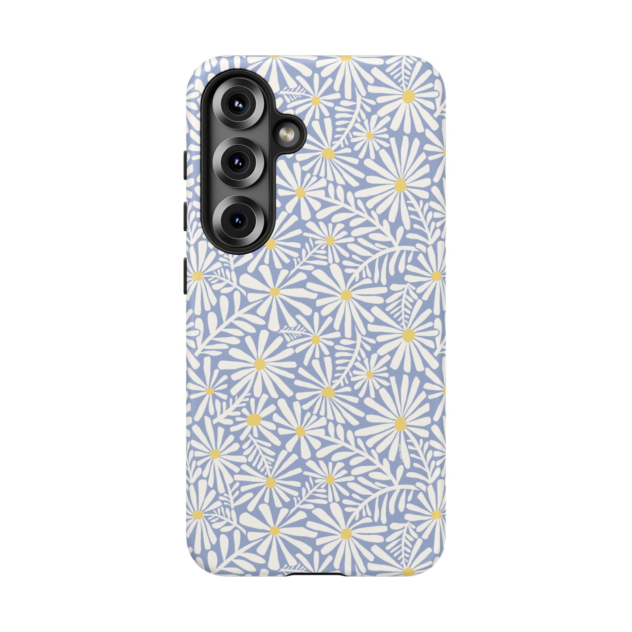 Montauk Daisy Cottage Blue Samsung Galaxy S25 Matte case — white daisy and fern print on periwinkle blue by Kate Spain