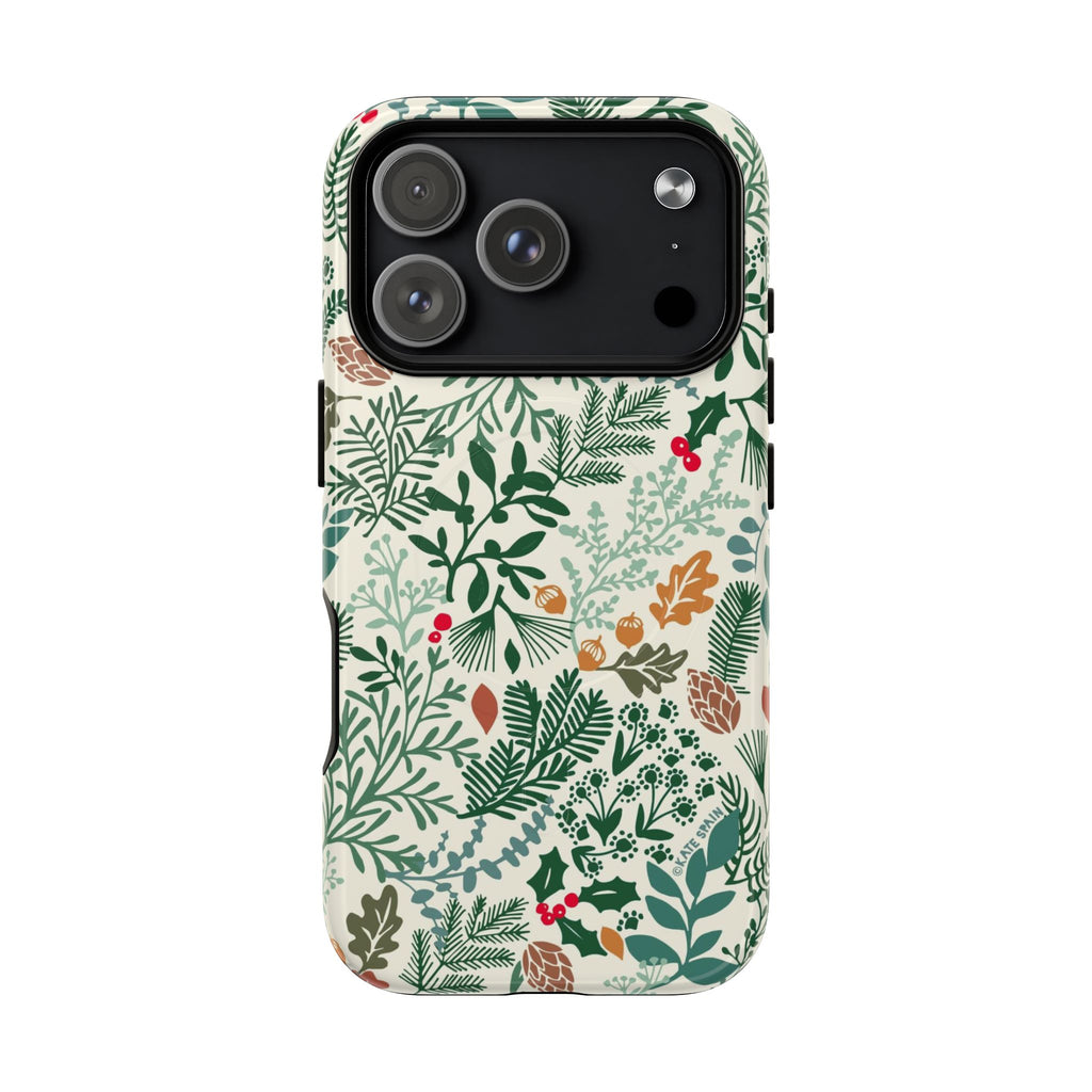Juniper MagSafe iPhone 17 Pro Case – Glossy | cream, forest green, sage, and rust winter botanical print with pine, holly, acorns, and pinecones