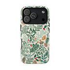 Juniper MagSafe iPhone 17 Pro Case – Glossy | cream, forest green, sage, and rust winter botanical print with pine, holly, acorns, and pinecones