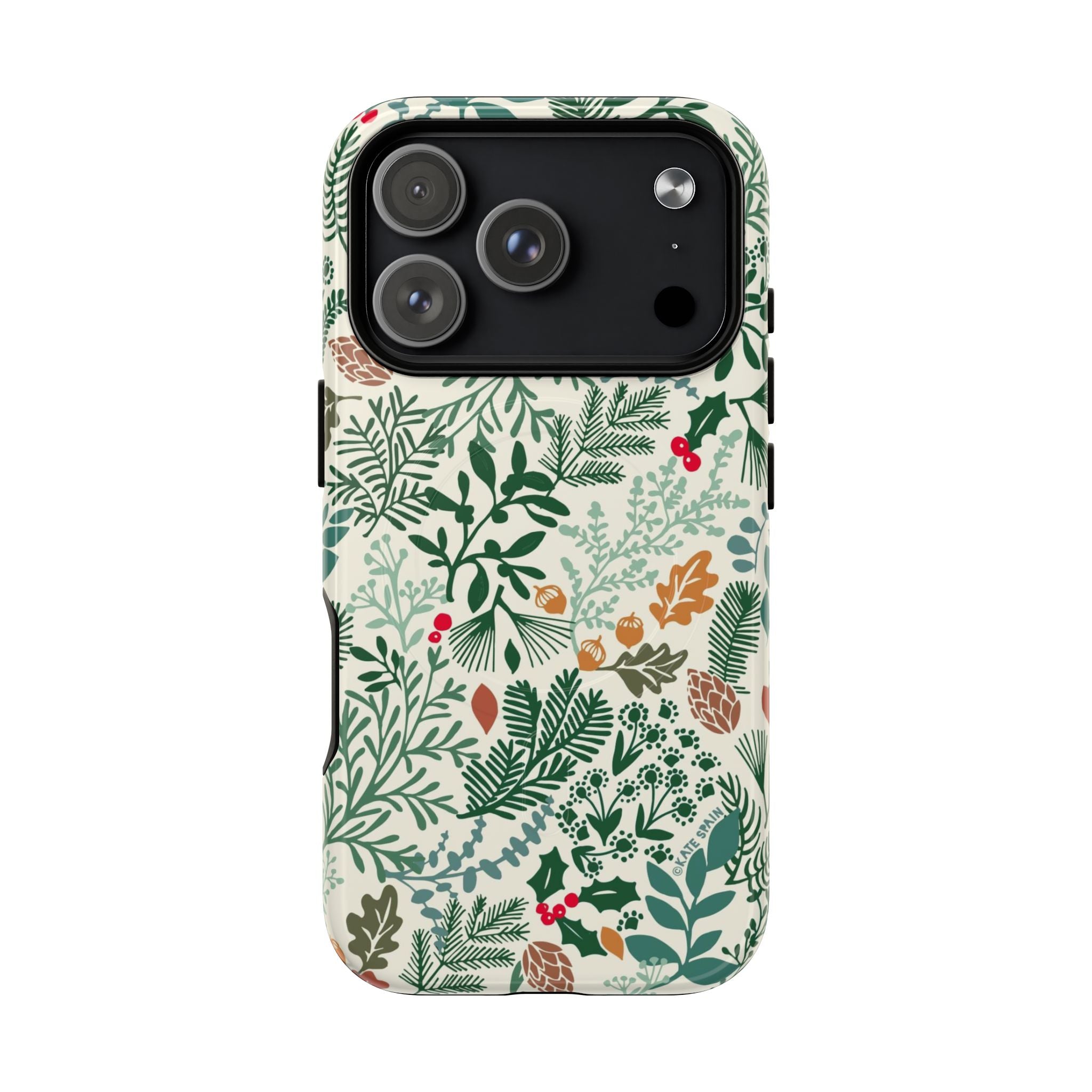 Juniper MagSafe iPhone 17 Pro Case – Glossy | cream, forest green, sage, and rust winter botanical print with pine, holly, acorns, and pinecones