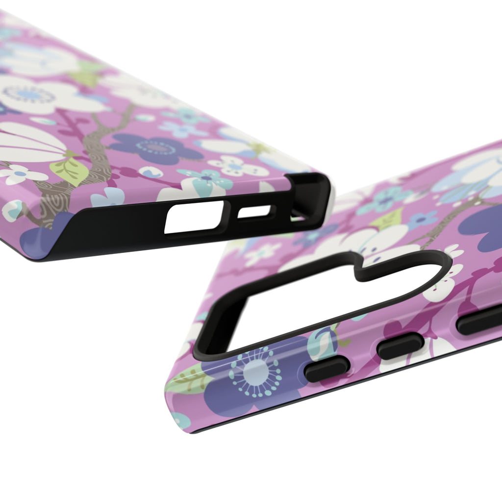 Cherry Blossom Samsung Galaxy S24 Ultra Case – Glossy | detail of sides of case in mauve, white, periwinkle cherry blossom floral print