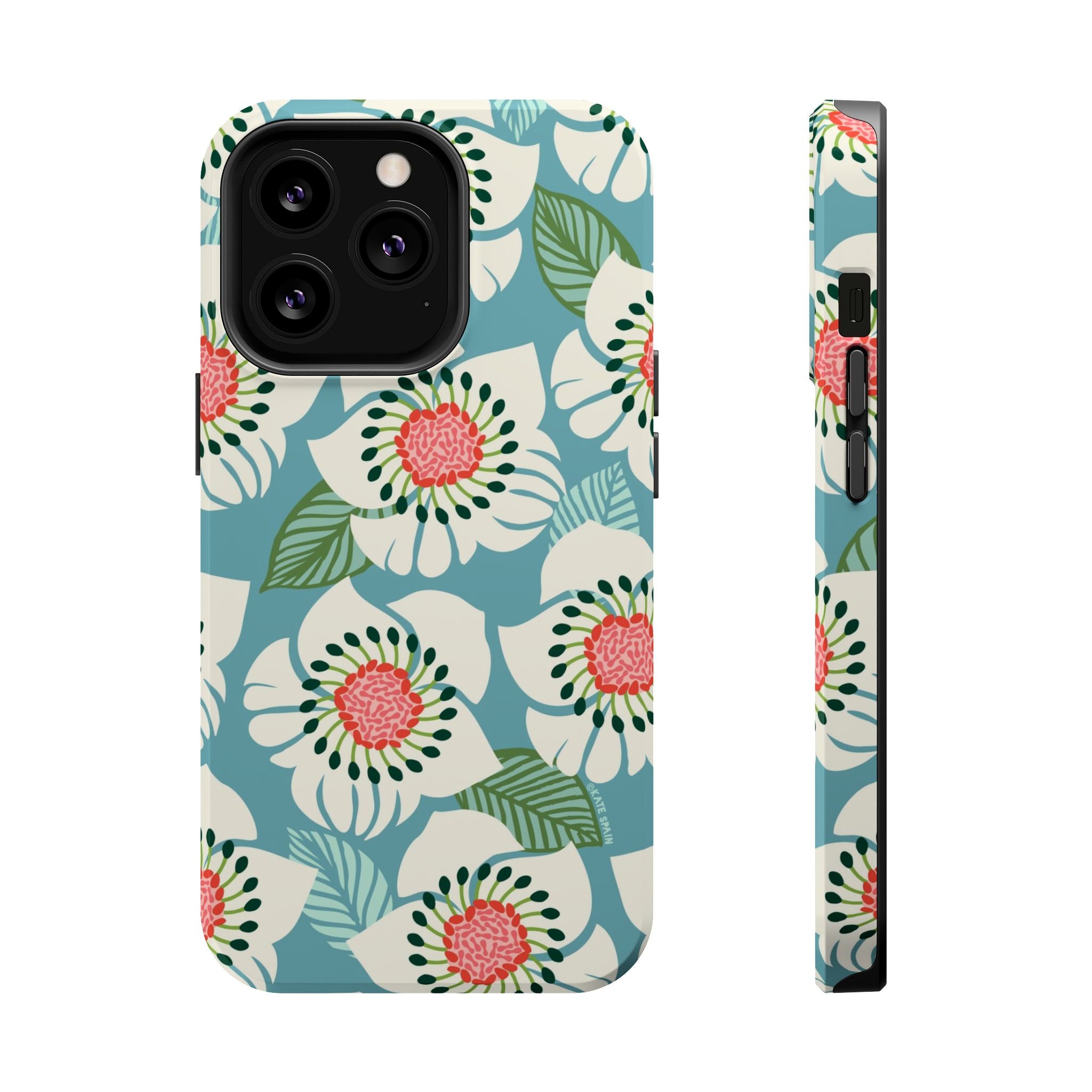 Panache Floral MagSafe iPhone 13 Pro Case – Glossy | sky blue, pale cream, pink anemone floral print