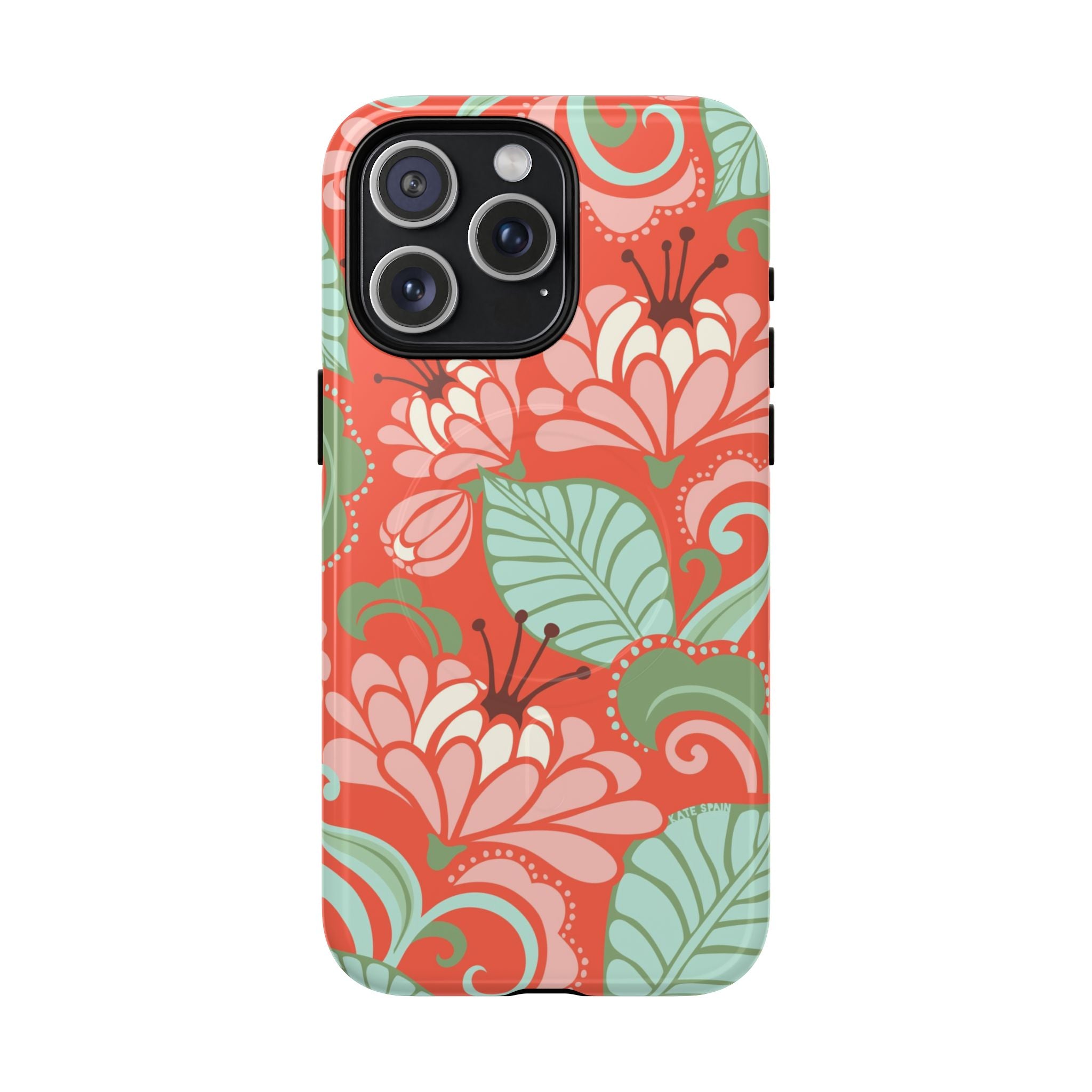 Sarabande MagSafe iPhone 15 Pro Max Case – Glossy | coral, pink, cream, green botanical floral print