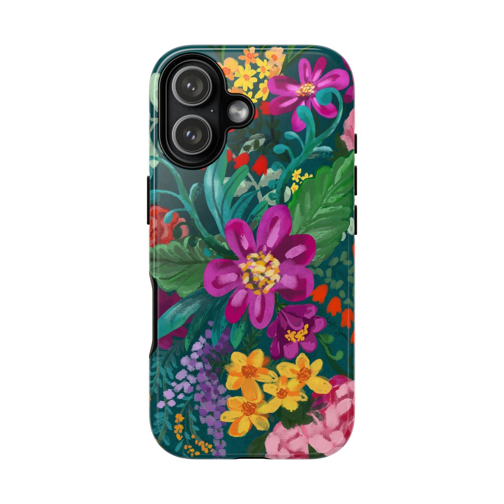 Posy Tough iPhone 17 Case – Glossy | teal, purple, magenta, yellow botanical wildflower print