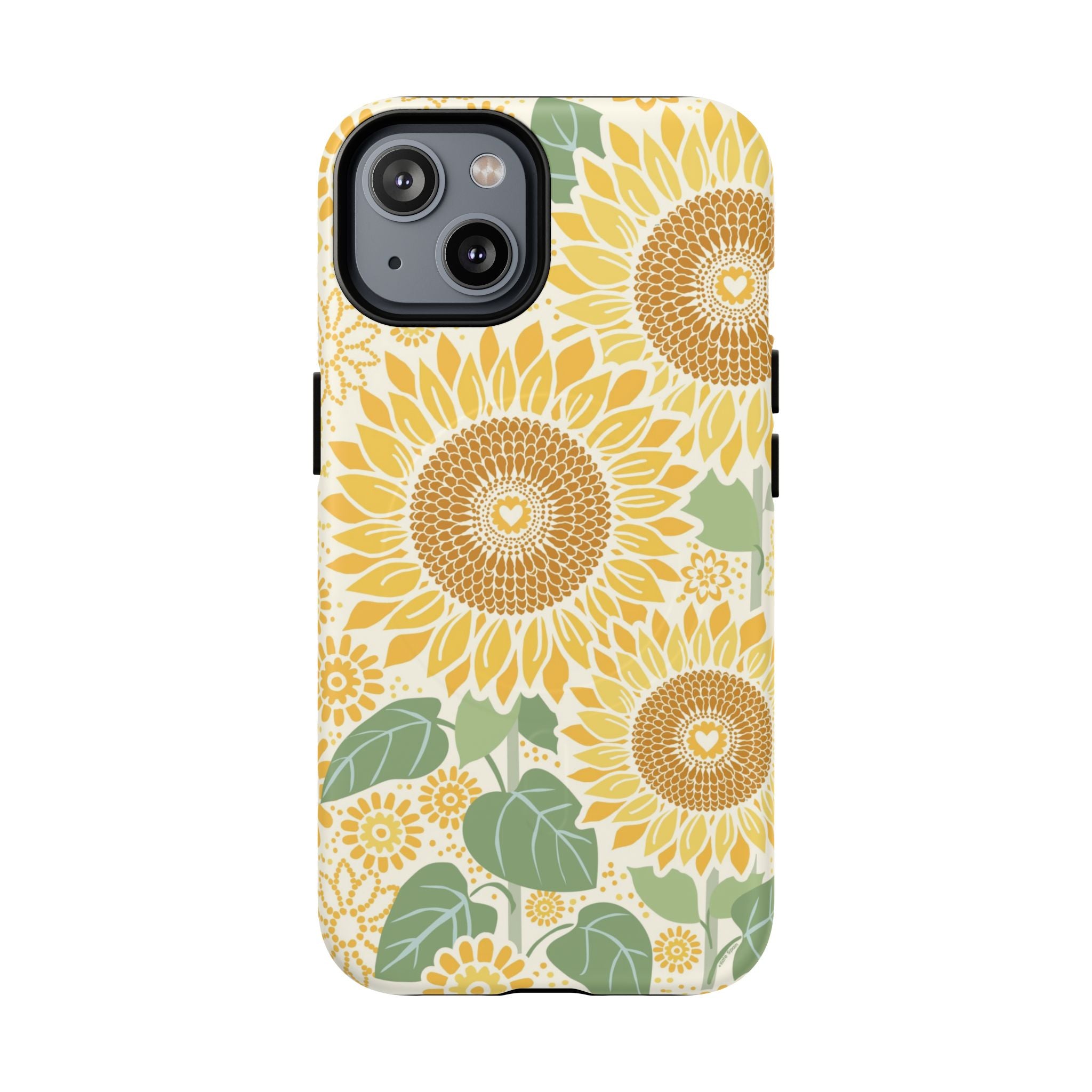 Sunny Sunflower MagSafe iPhone 14 – Matte | cream ground, large-scale yellow sunflower print, golden seed detail with heart centers, dual-layer protection
