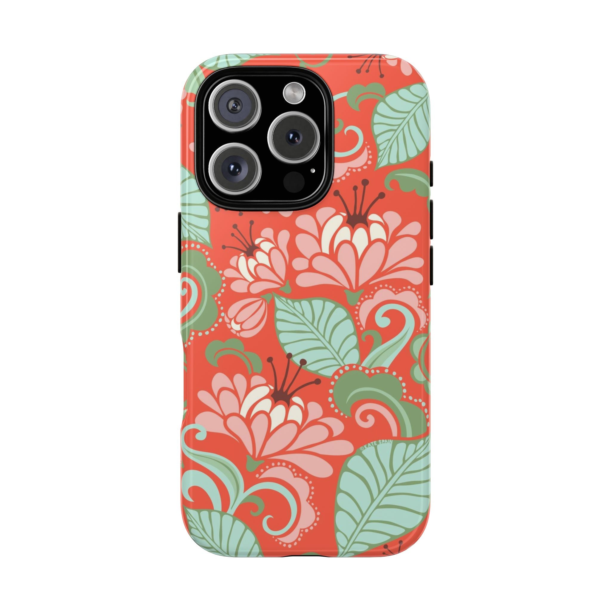 Sarabande Tough iPhone 16 Pro Max Case – Glossy | coral, pink, cream, green botanical floral print