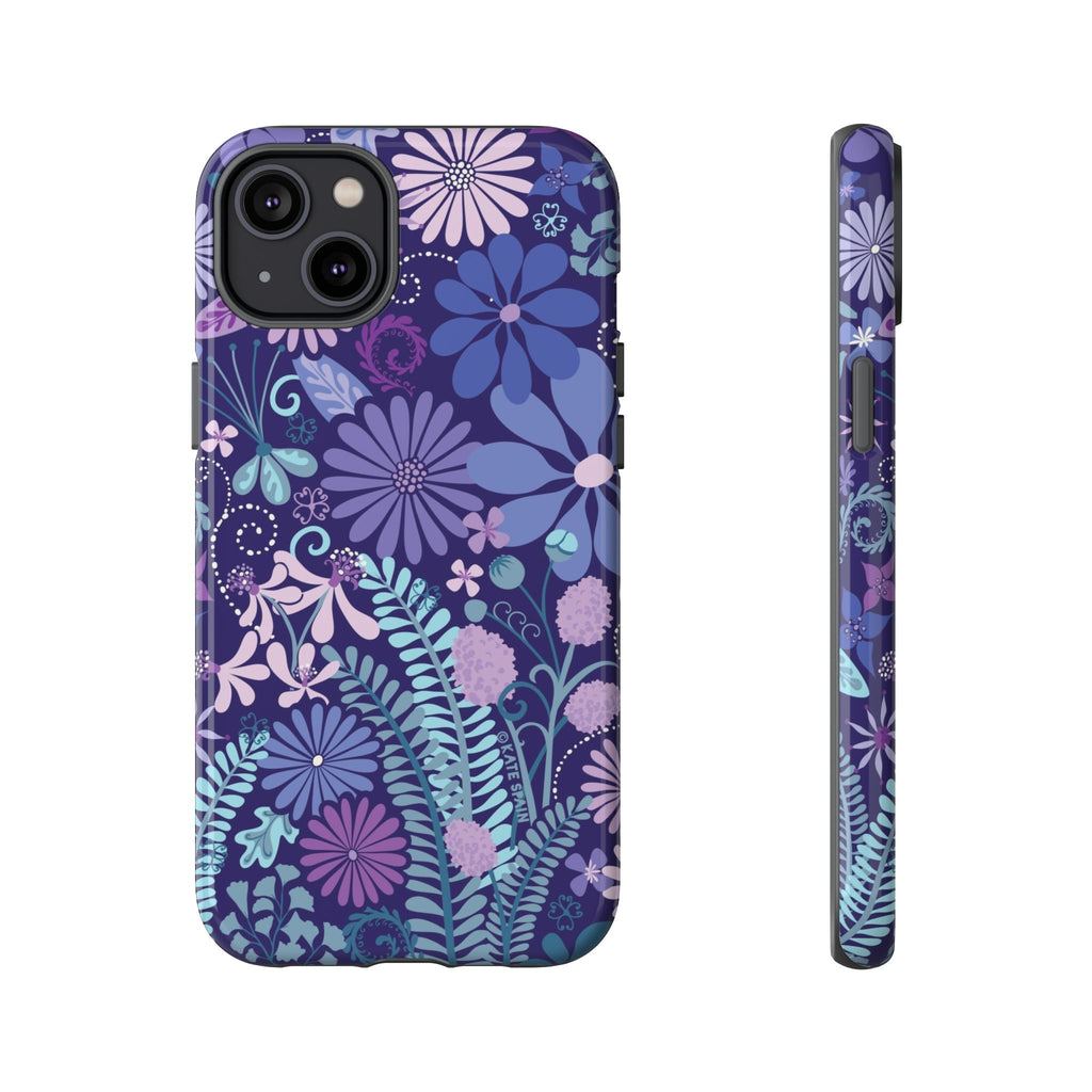 Luxury Terrain Tough iPhone 14 Plus Case – Glossy | navy, purple, aqua botanical woodland floral print