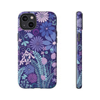 Luxury Terrain Tough iPhone 14 Plus Case – Glossy | navy, purple, aqua botanical woodland floral print
