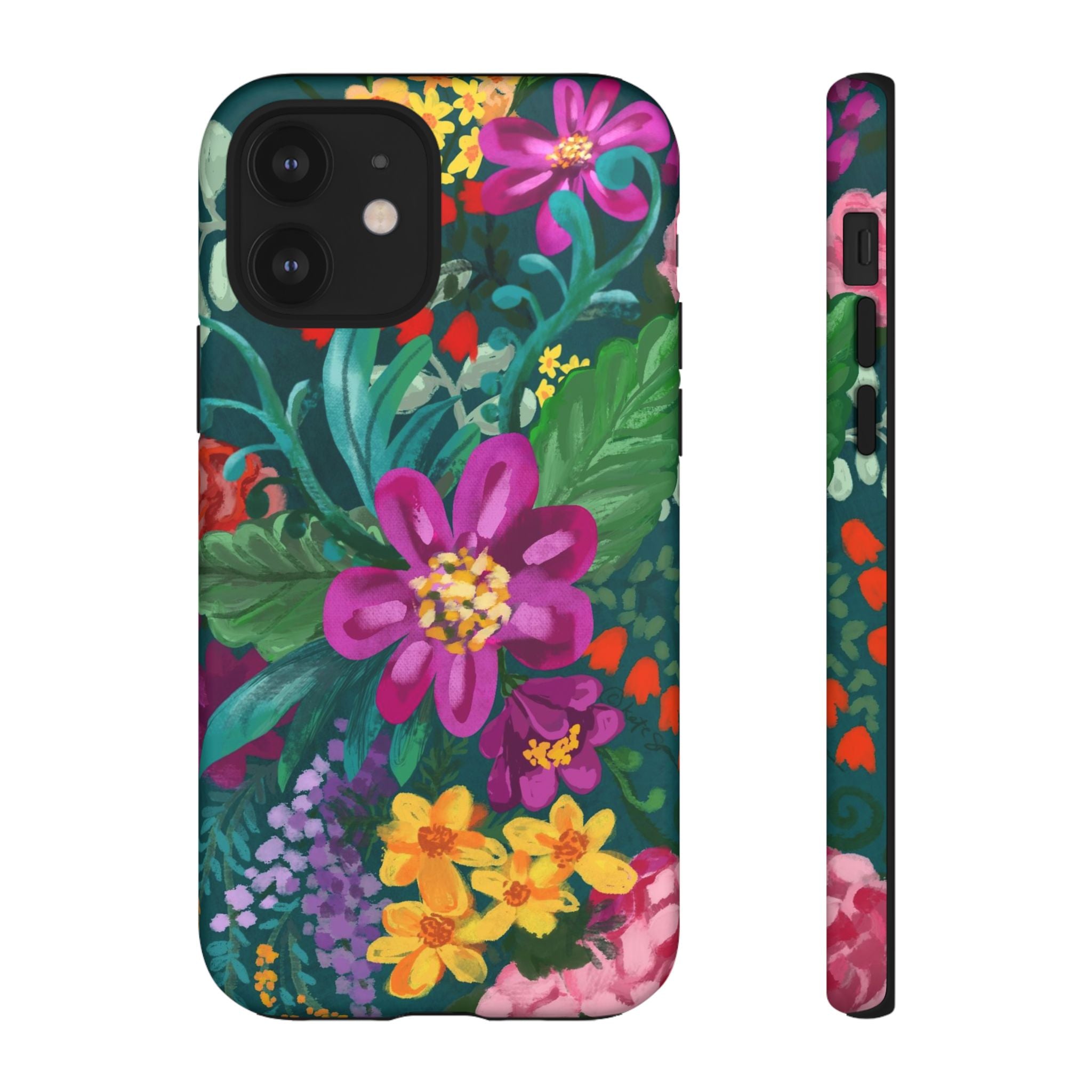 Posy Tough iPhone 12 Case – Matte | teal, purple, magenta, yellow botanical wildflower print