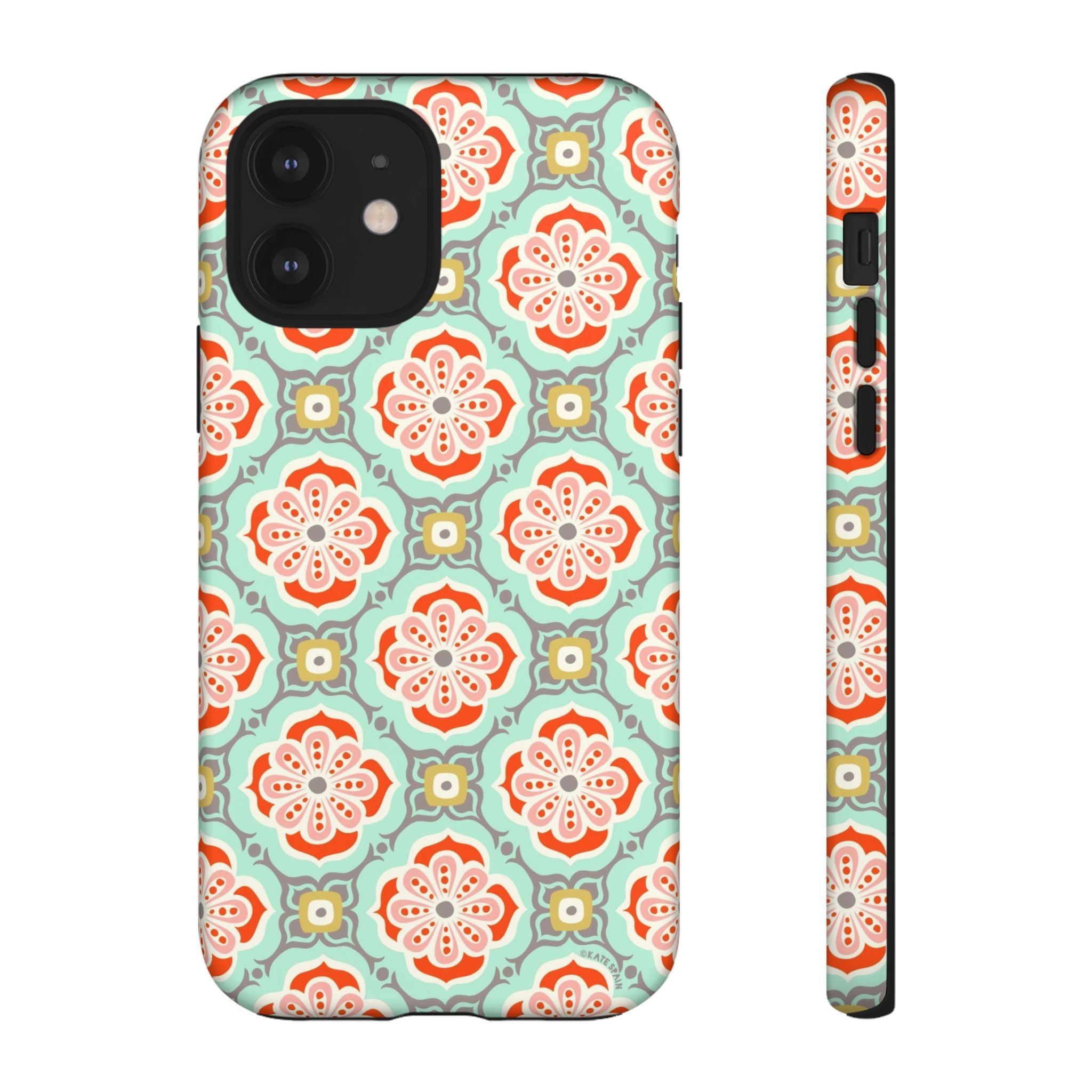 Alhambra Tough iPhone 12 Case – Matte | aqua, coral, blush geometric medallion floral print