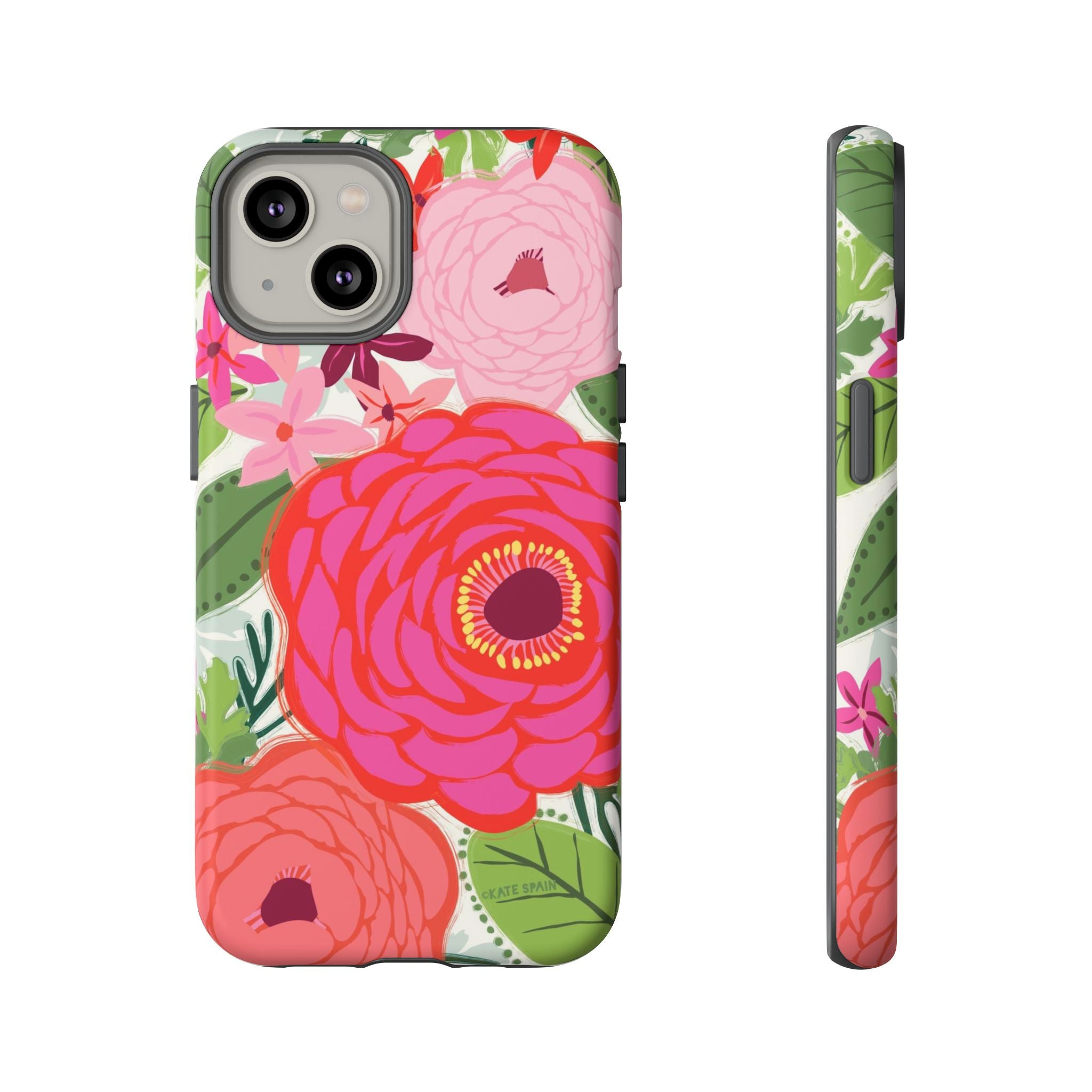 Bloomerie Tough iPhone 14 Case – Matte | cream, magenta, coral botanical peony floral print