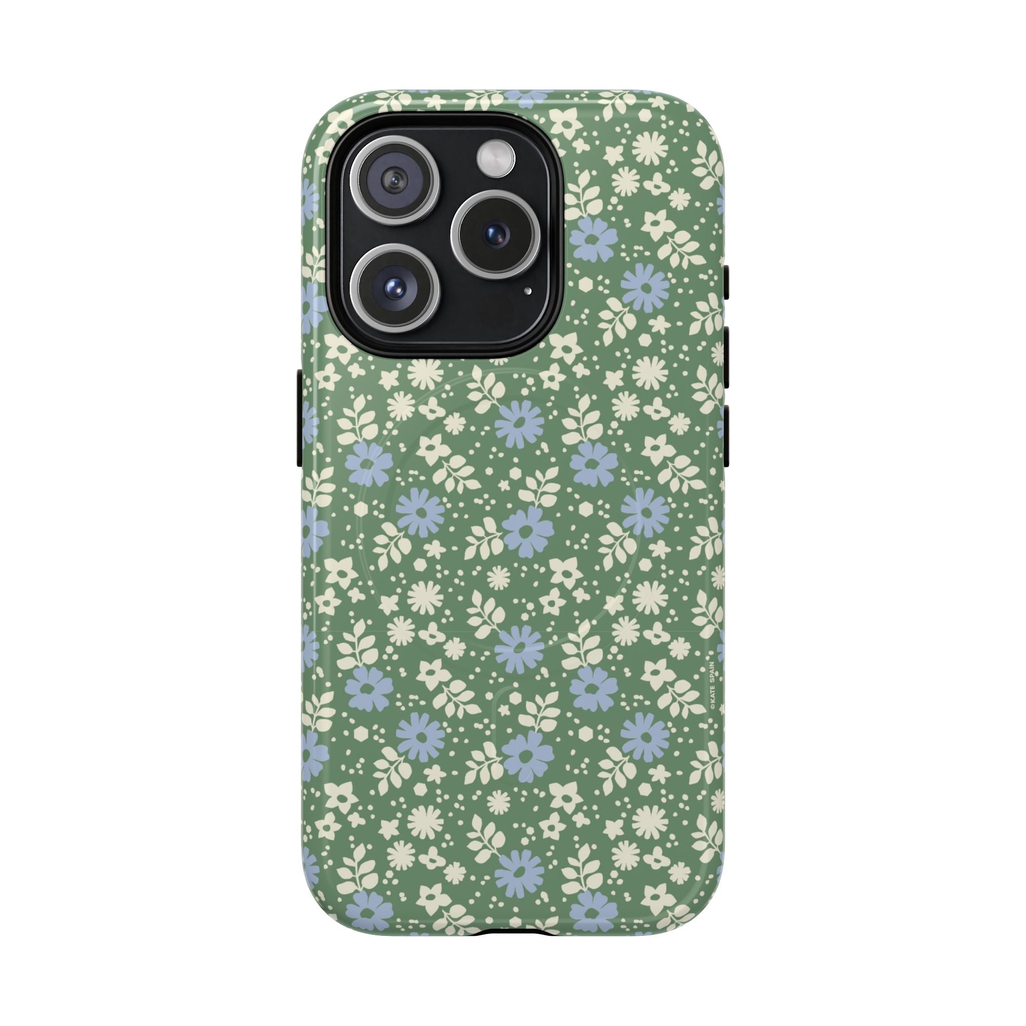 Petaline Green MagSafe iPhone 15 Pro Case – Glossy | cream and periwinkle blue ditsy floral print on a sage green ground