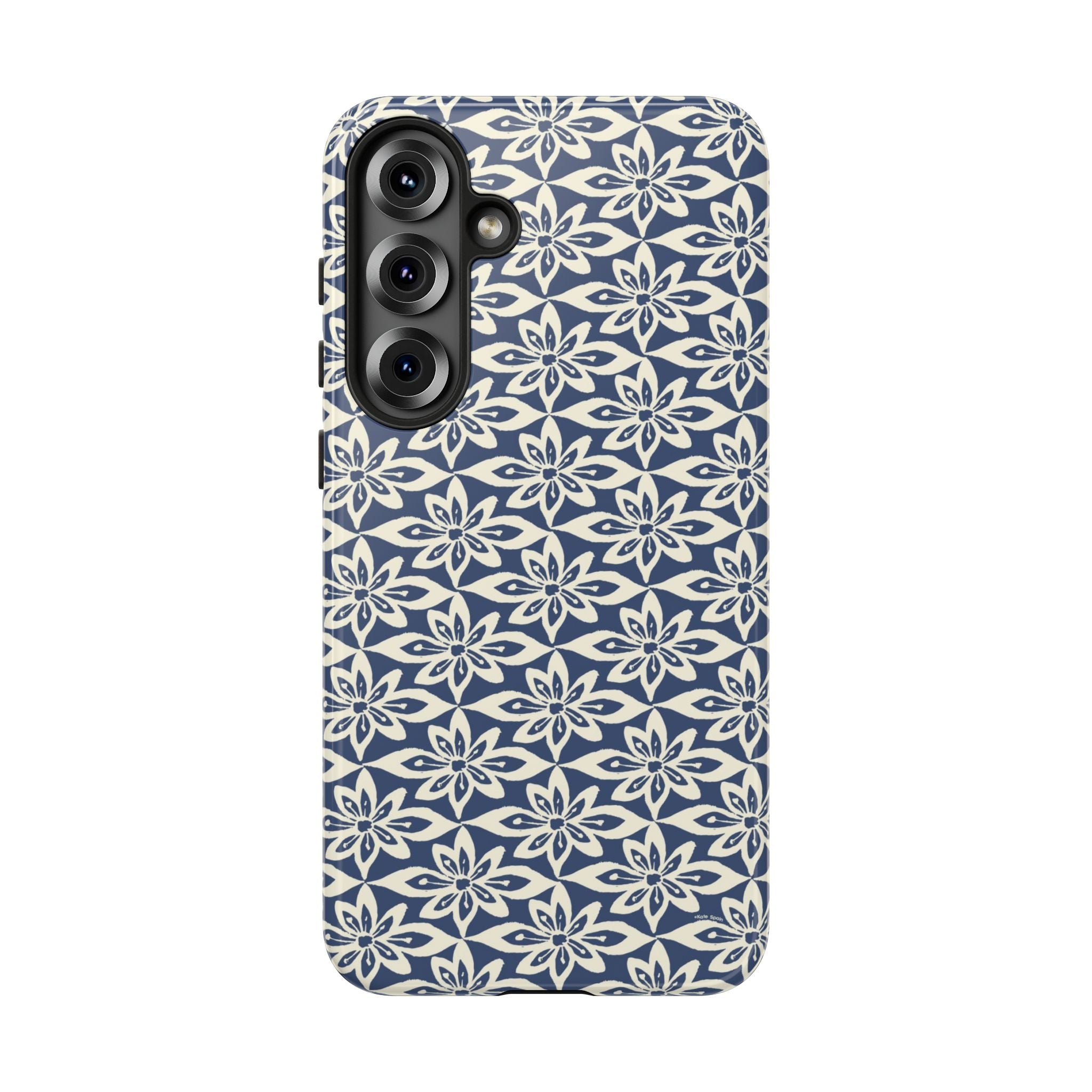 Lily Navy Blue Samsung Galaxy S25 Plus Glossy case — graphic white lily print on deep navy — botanical phone case by Kate Spain