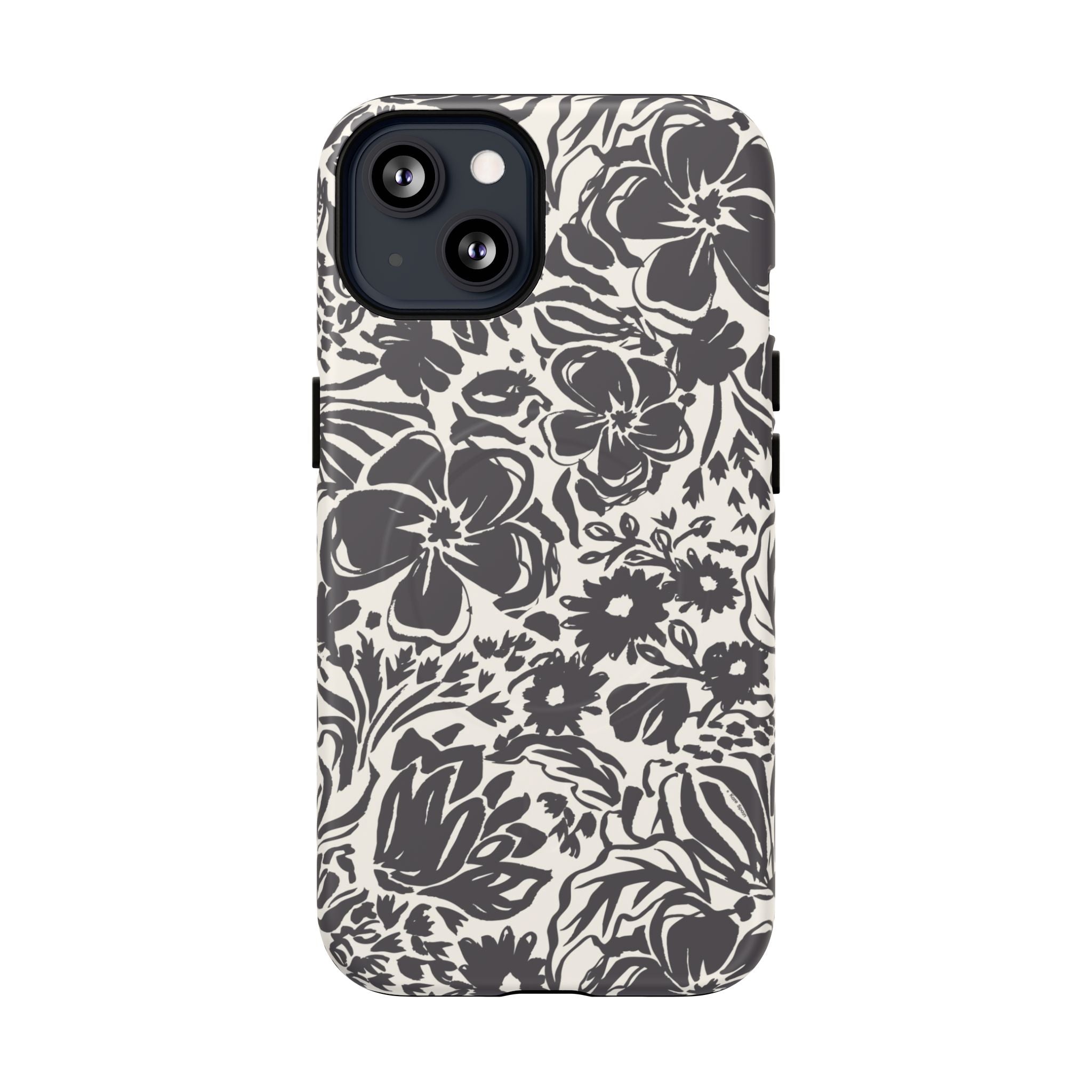 Rhapsody Black MagSafe iPhone 13 Matte case — bold charcoal floral print on cream by Kate Spain