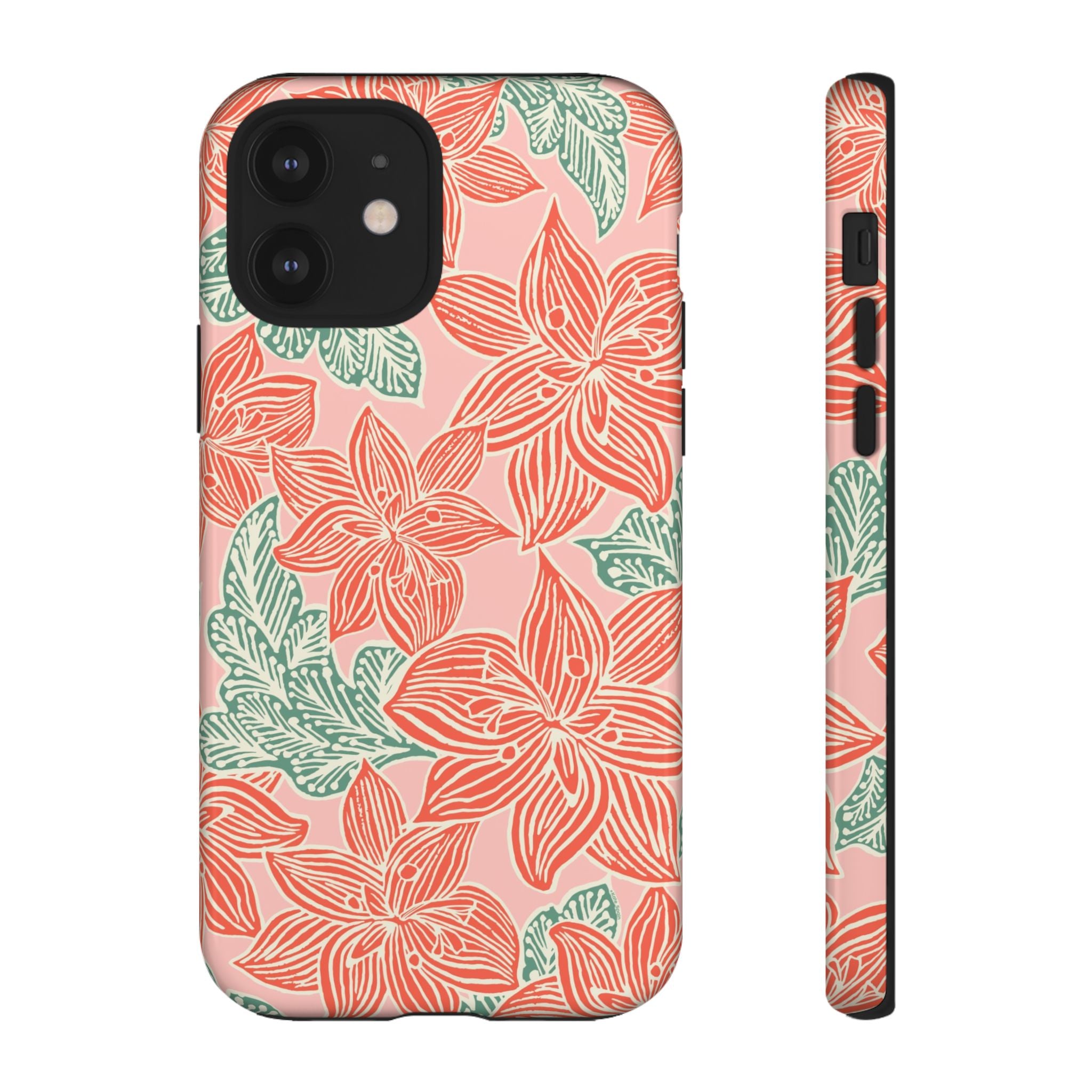 Hibiscus Coral iPhone 12 Glossy Case — blush pink hard case with large-scale coral red hibiscus flowers and teal-green leaves in a bold botanical linework print, densely layered across the surface