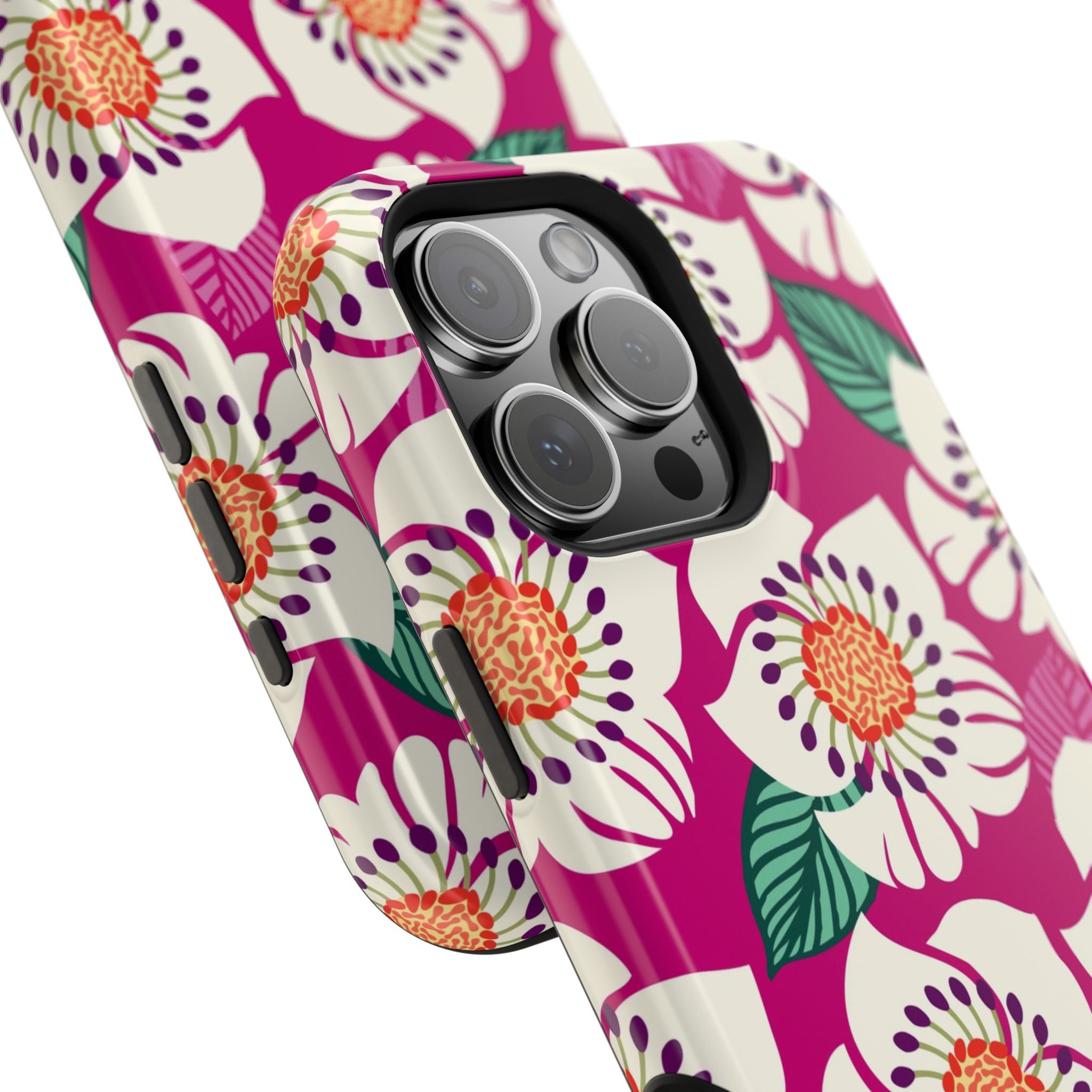 Panache Rose MagSafe iPhone 16 Pro Max Case – Glossy | angled close-up view of case in berry, cream white, peach anemone floral print