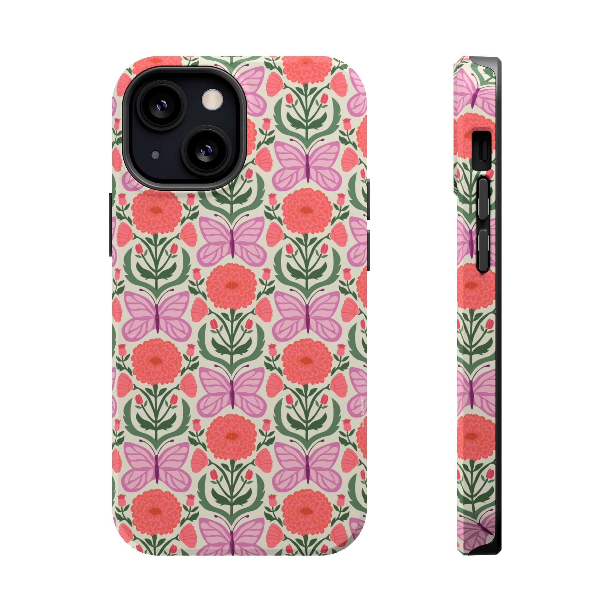 Pink Butterfly MagSafe iPhone 13 mini Case – Glossy | cream, coral, lavender, green butterfly floral print