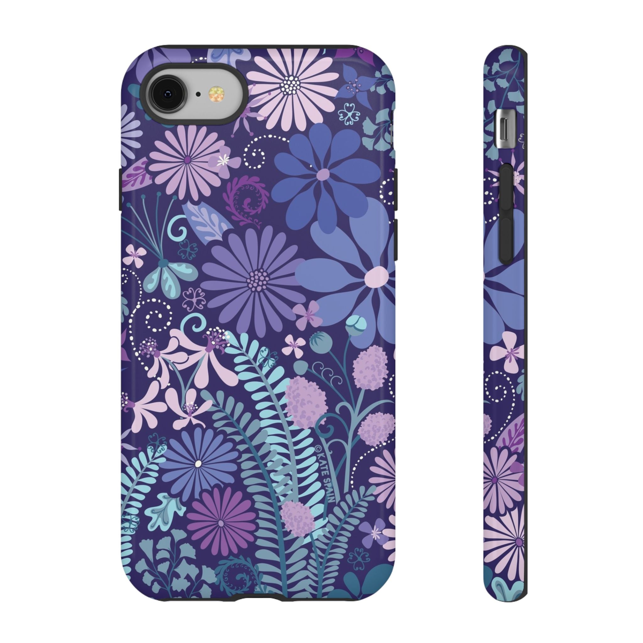 Luxury Terrain Tough iPhone 8 Case – Glossy | navy, purple, aqua botanical woodland floral print