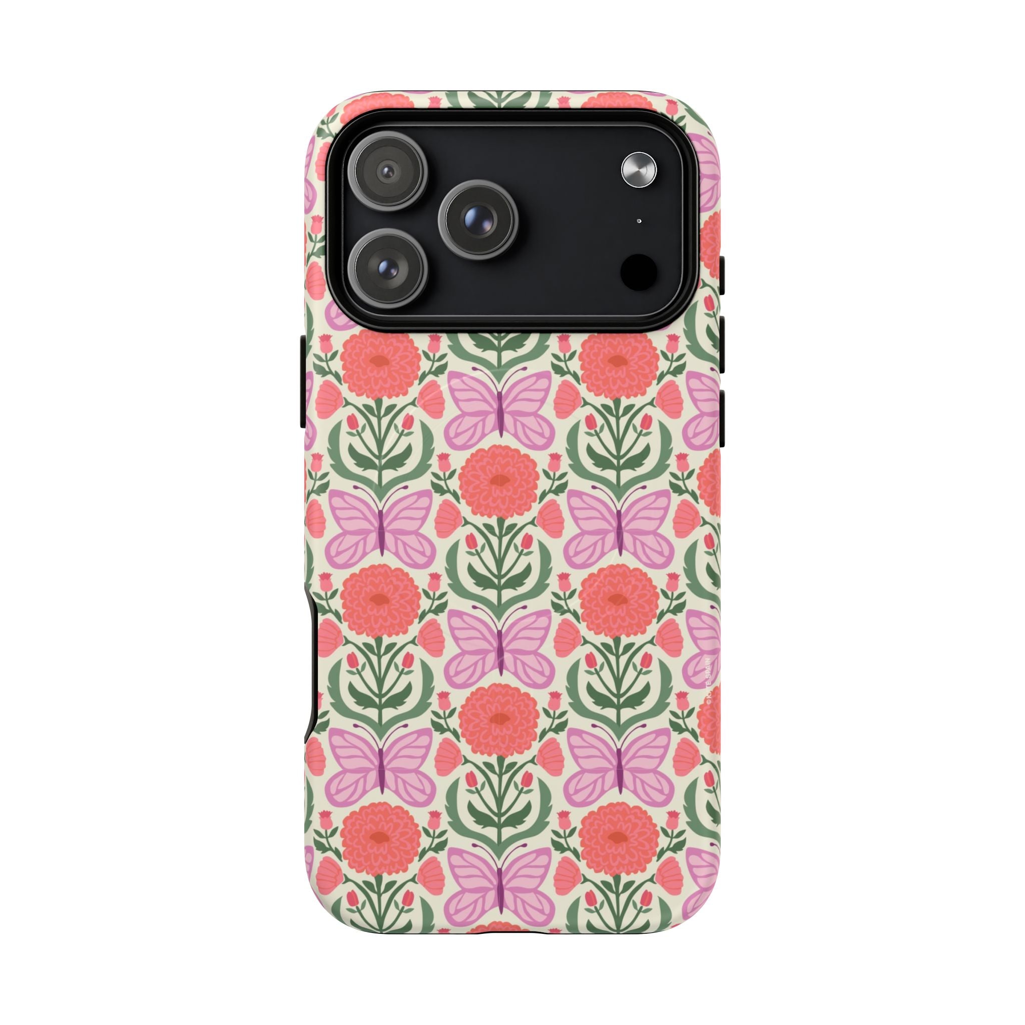 Pink Butterfly MagSafe iPhone 17 Pro Max Case – Matte | pink, coral, green, cream butterfly floral print