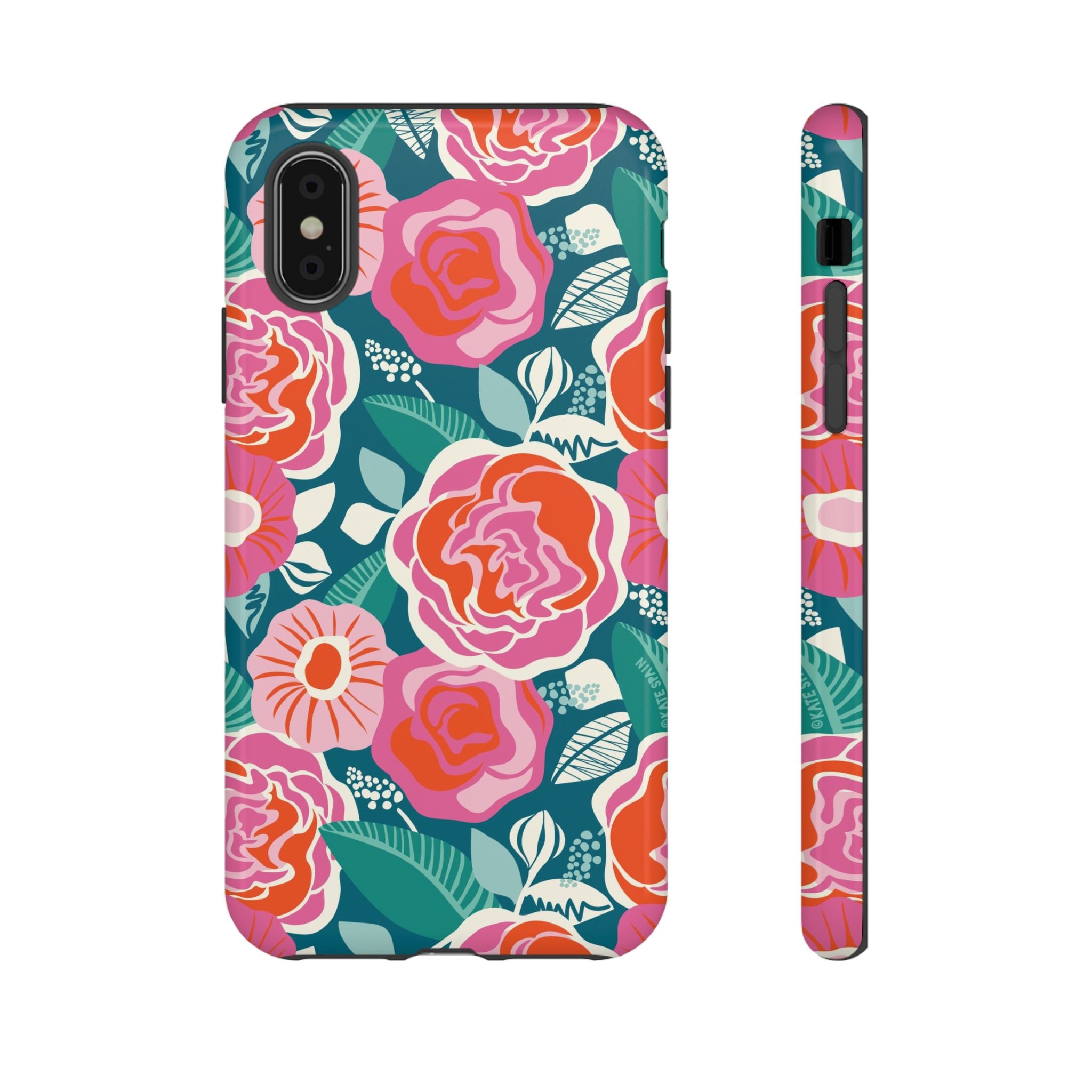Tea Rose Teal Tough iPhone X Case – Glossy | teal, coral, pink botanical rose floral print
