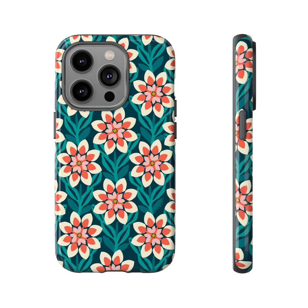 Modern Dahlia Tough iPhone 14 Pro Case – Glossy | teal, coral, cream geometric dahlia floral print