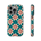 Modern Dahlia Tough iPhone 14 Pro Case – Glossy | teal, coral, cream geometric dahlia floral print