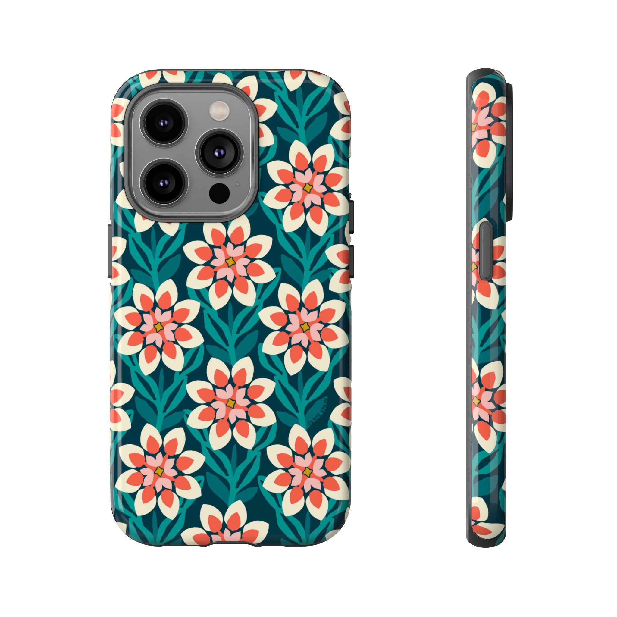Modern Dahlia Tough iPhone 14 Pro Case – Glossy | teal, coral, cream geometric dahlia floral print