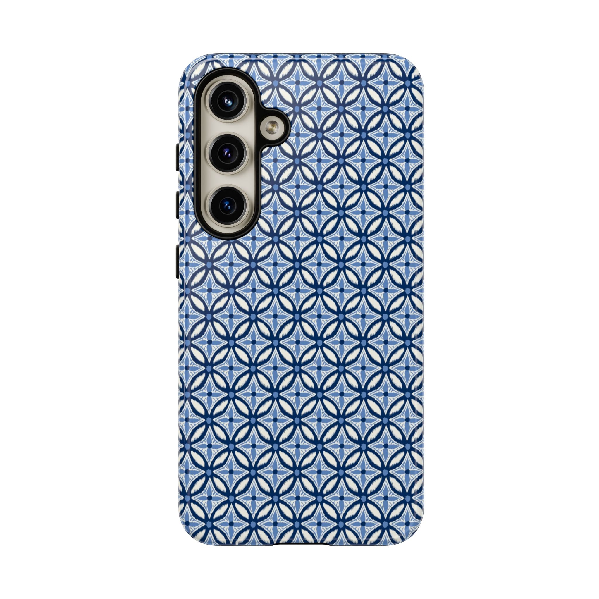 Light blue Samsung Galaxy case with navy and periwinkle ikat geometric pattern — botanical phone case by Kate Spain for Floriori