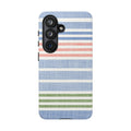 Cabana Stripe Pastel Samsung Galaxy S26 Case – Glossy | soft blue, coral, sage green chambray-textured stripe print dual-layer protection