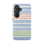 Cabana Stripe Pastel Samsung Galaxy S26 Case – Glossy | soft blue, coral, sage green chambray-textured stripe print dual-layer protection