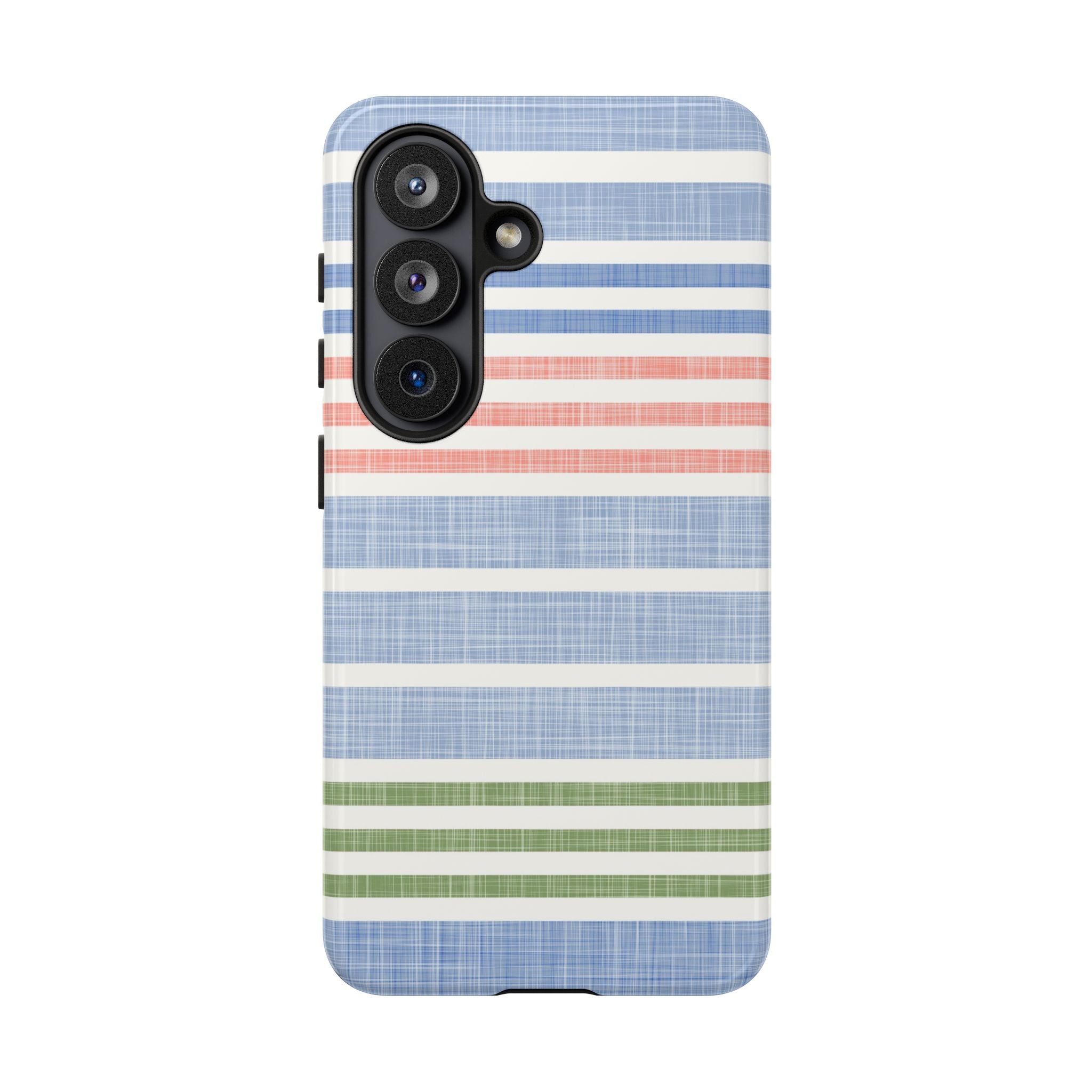 Cabana Stripe Pastel Samsung Galaxy S26 Case – Glossy | soft blue, coral, sage green chambray-textured stripe print dual-layer protection