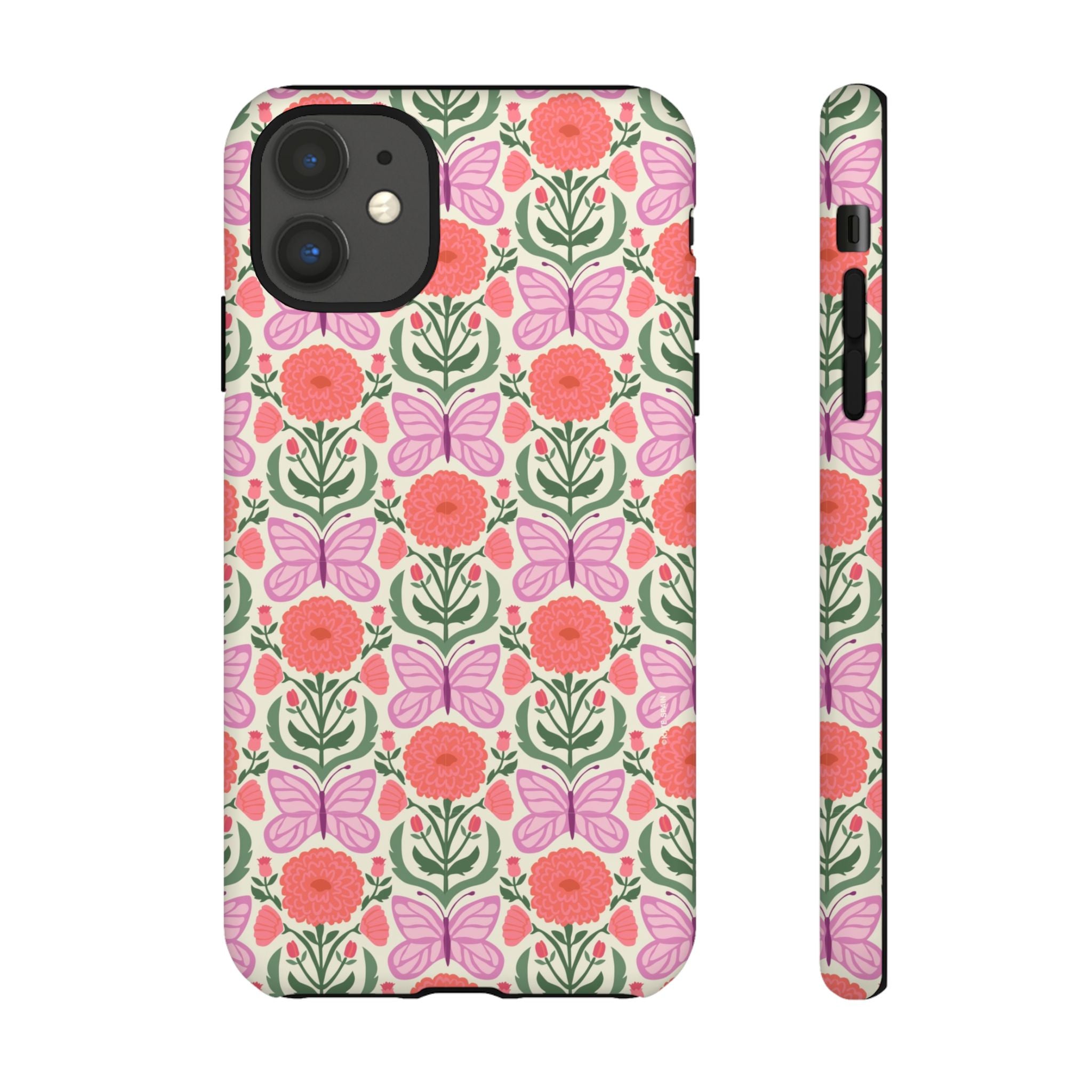 Pink Butterfly Tough iPhone 11 Case – Matte | pink, coral, green, cream butterfly floral print