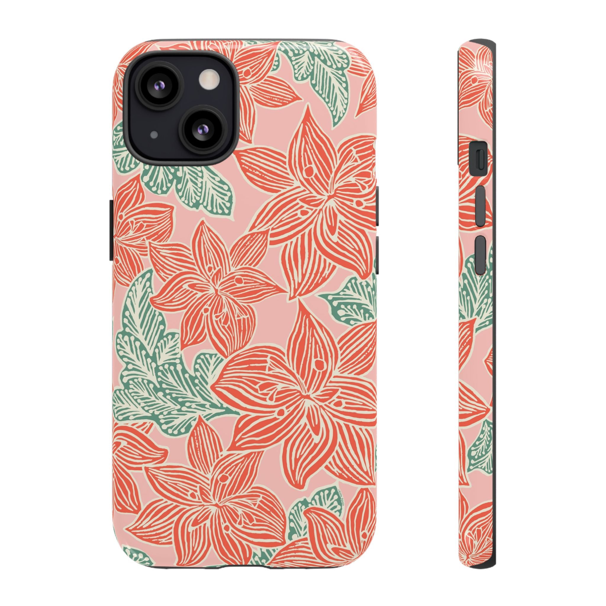 Hibiscus Coral iPhone 13 Glossy Case — blush pink hard case with large-scale coral red hibiscus flowers and teal-green leaves in a bold botanical linework print, densely layered across the surface