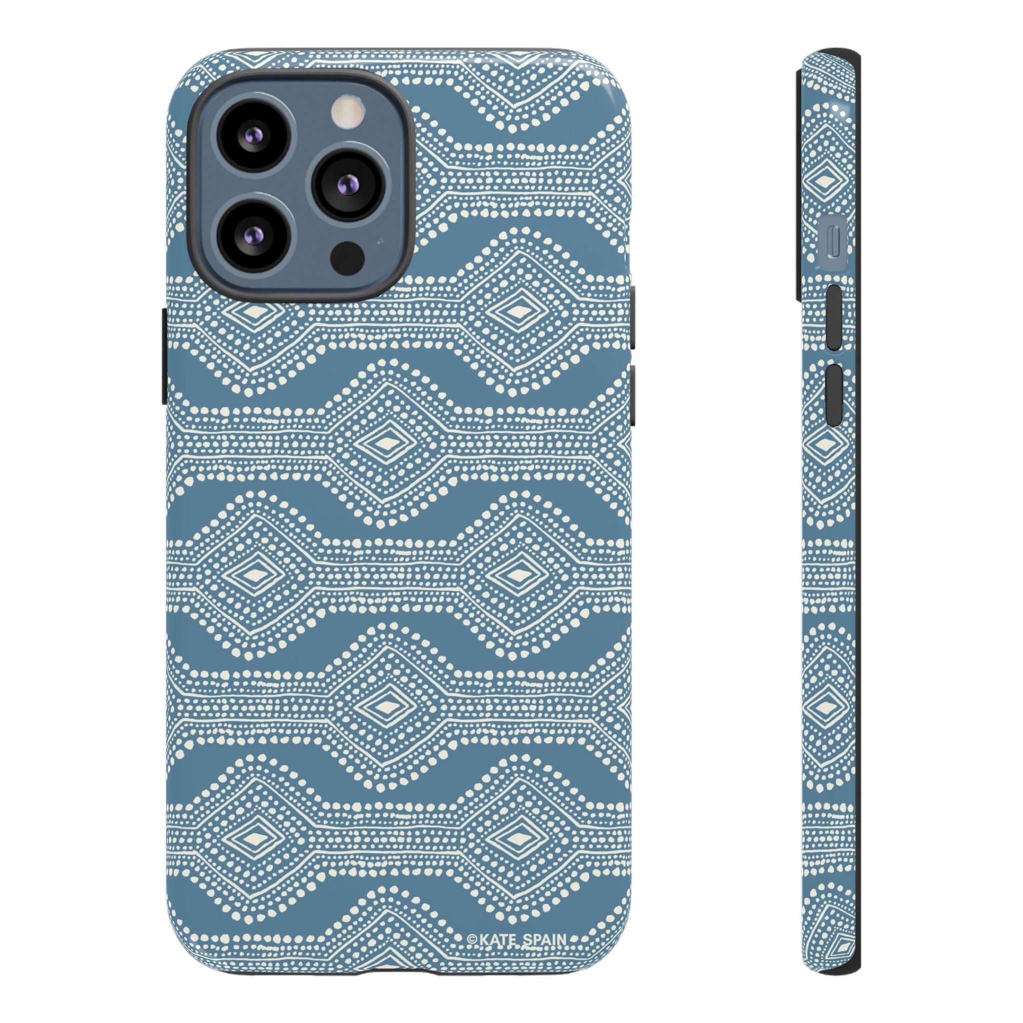 Diamond Dots Tough iPhone 13 Pro Max Case – Glossy | steel blue, white diamond dot geometric print