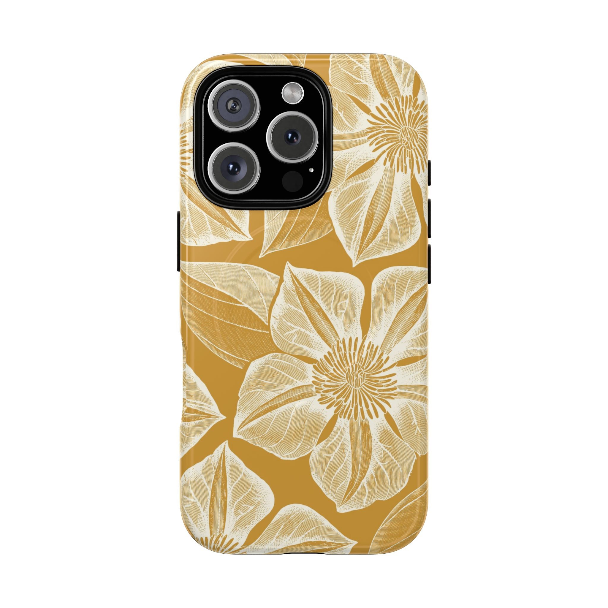 Vintage Bloom Gold MagSafe iPhone 16 Pro Case – Glossy | warm gold ground, large-scale cream clematis print, engraved petal detail, dual-layer protection