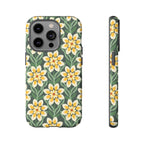 Designer Modern Dahlia Tough iPhone 14 Pro Case – Matte | yellow, cream, green dahlia floral print