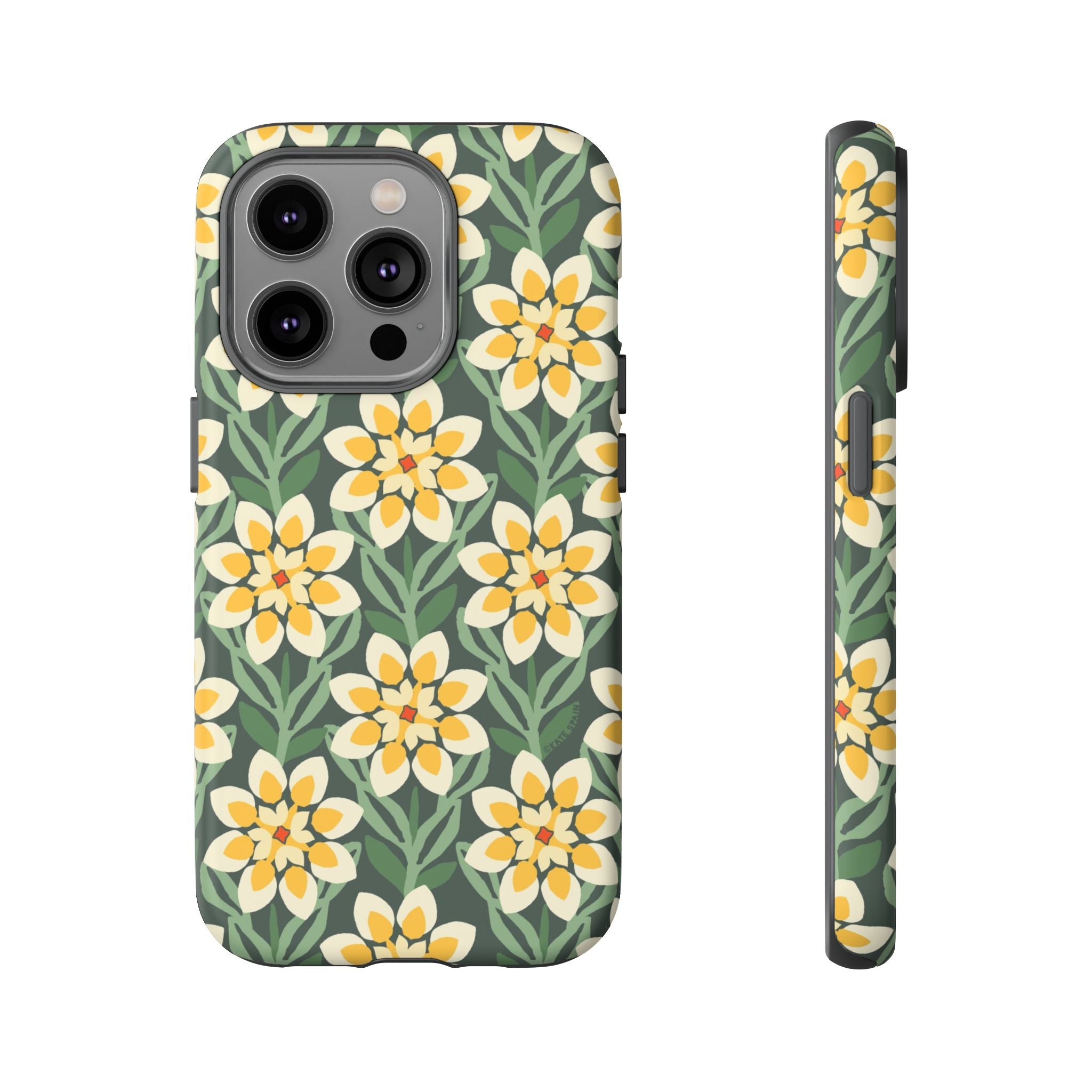 Designer Modern Dahlia Tough iPhone 14 Pro Case – Matte | yellow, cream, green dahlia floral print