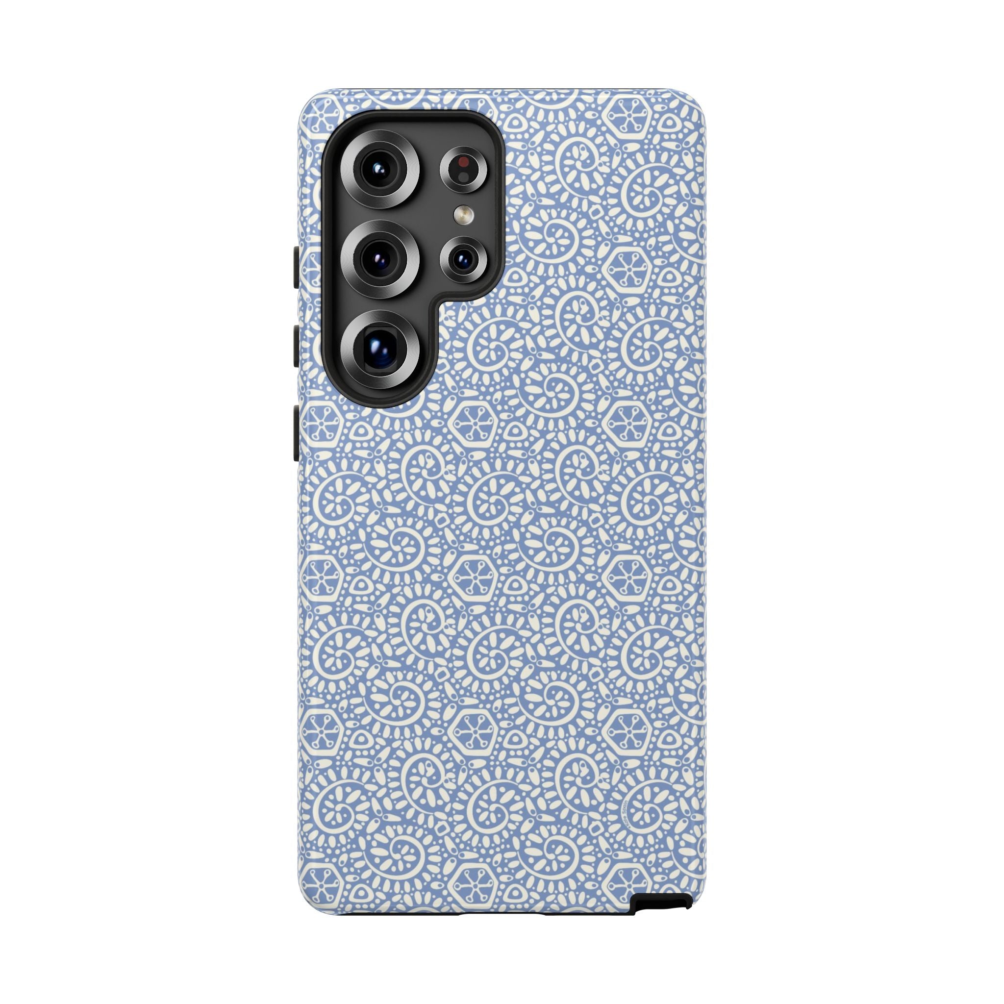 Canto Swirls Mist Samsung Galaxy S25 Ultra Glossy Case — periwinkle blue hard case covered in an intricate folk-art medallion pattern of radiating white circular motifs, dot clusters, and geometric centers