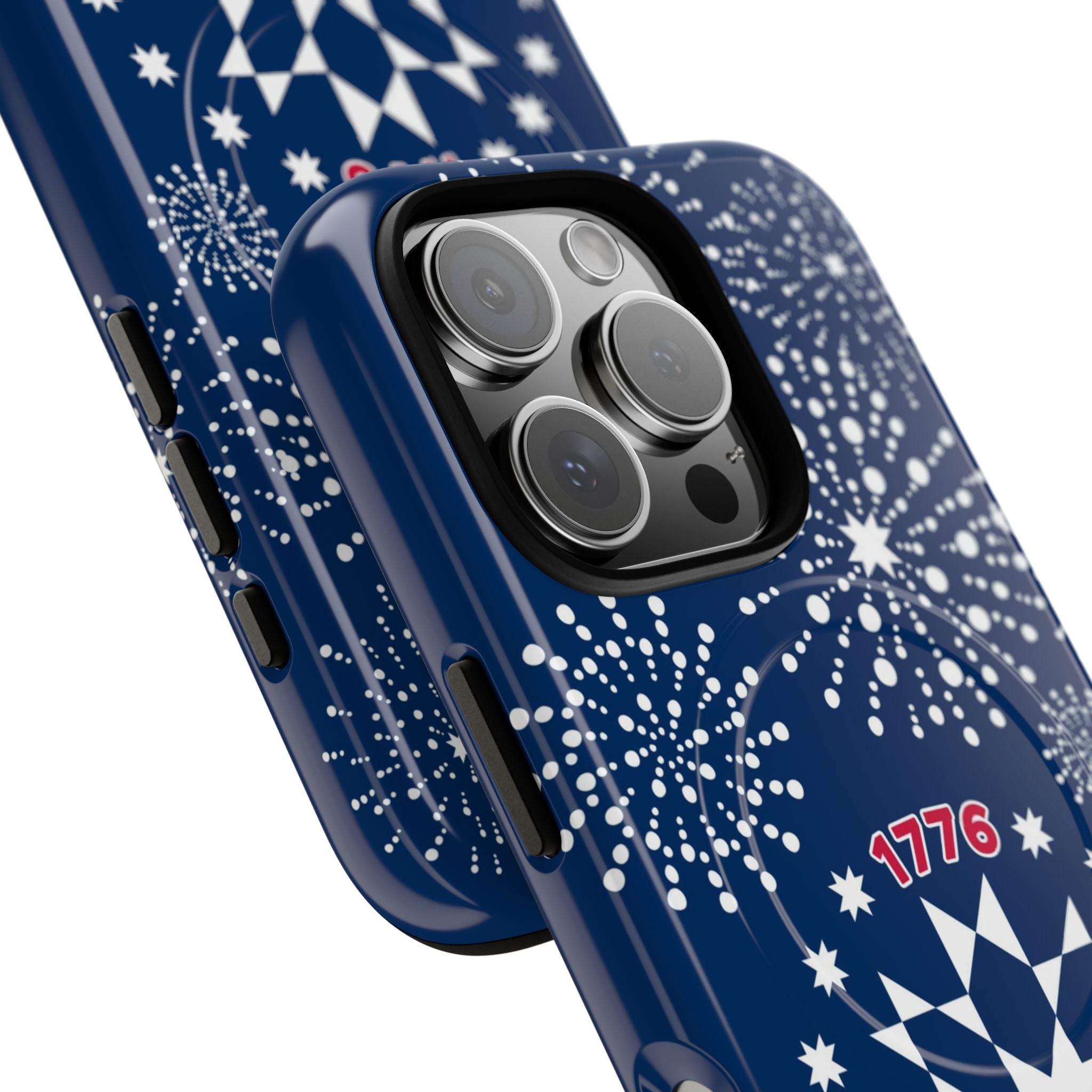 250th Fireworks MagSafe iPhone 16 Pro Case – angled view for close-up of buttons and camera cutout in case in navy, white patriotic star quilt fireworks print