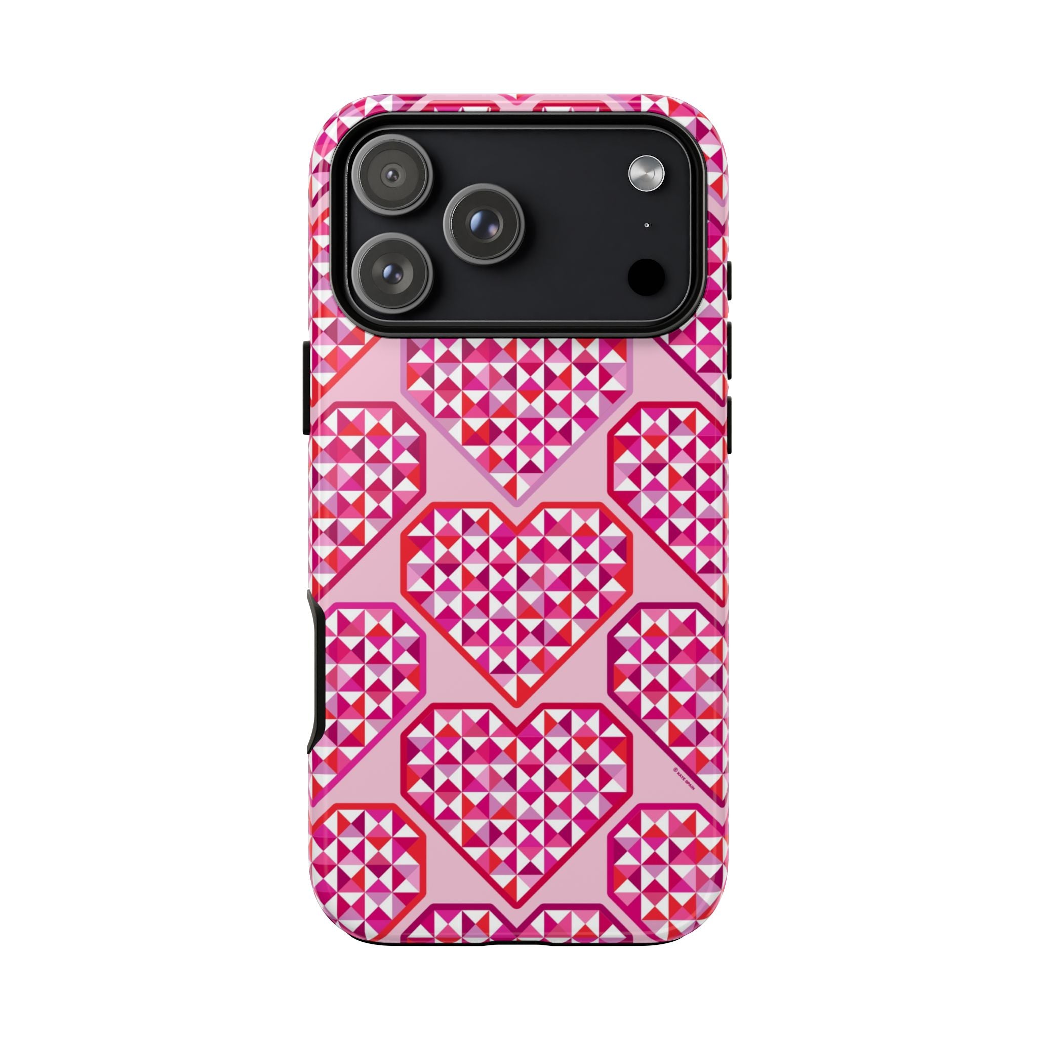 Pink Pyramid Heart Tough iPhone 17 Pro Max Case – Glossy | blush, pink, magenta, red geometric pyramid heart print
