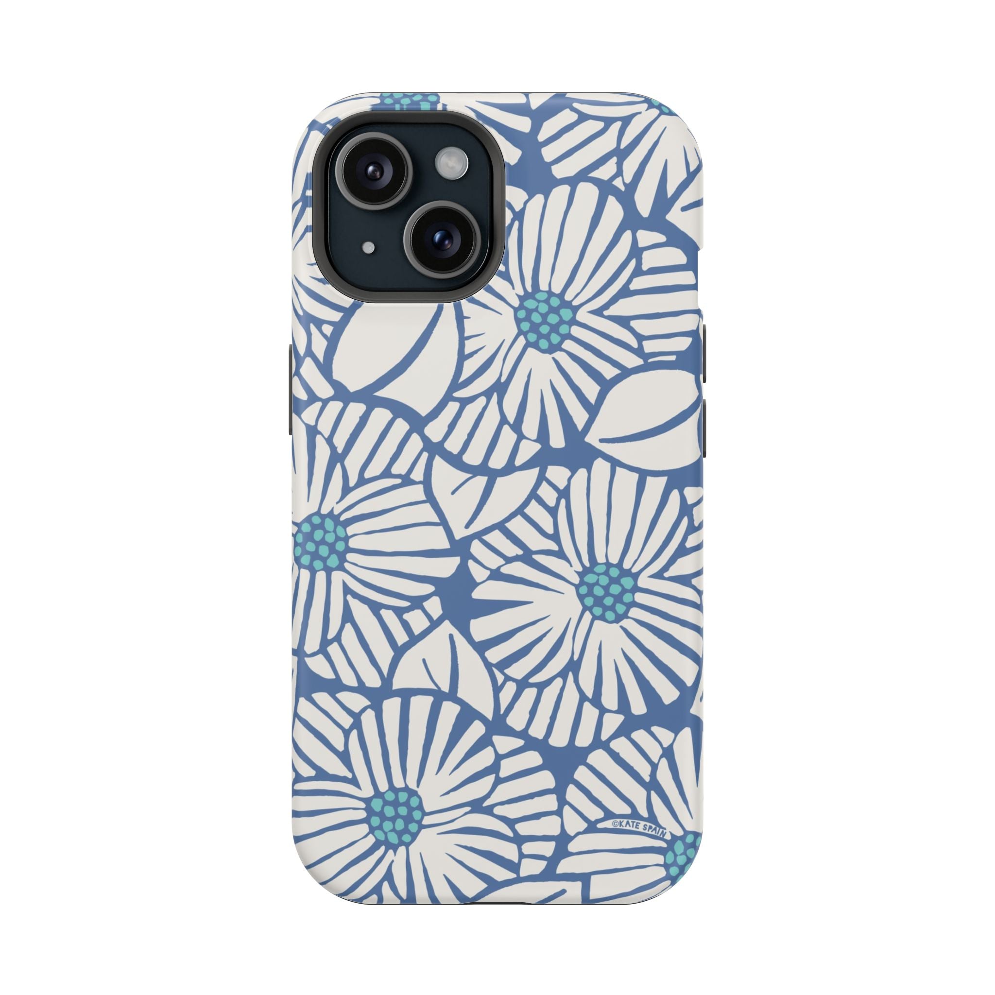 Calendula MagSafe iPhone 15 Pro Case – Glossy | slate blue, cream, teal kimono botanical print