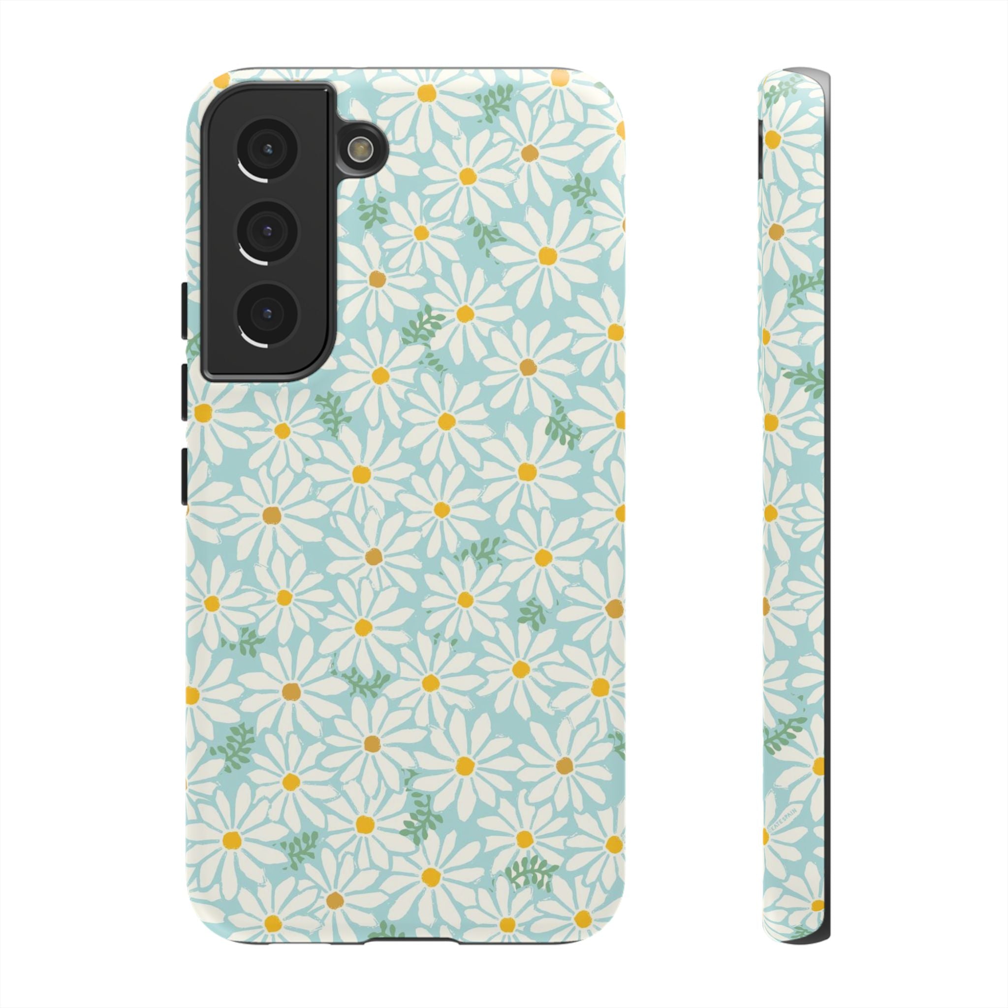 Daisies Samsung Galaxy S22 Case – Matte | sky blue, white daisy print, golden yellow centers, mint green leaves dual-layer protection