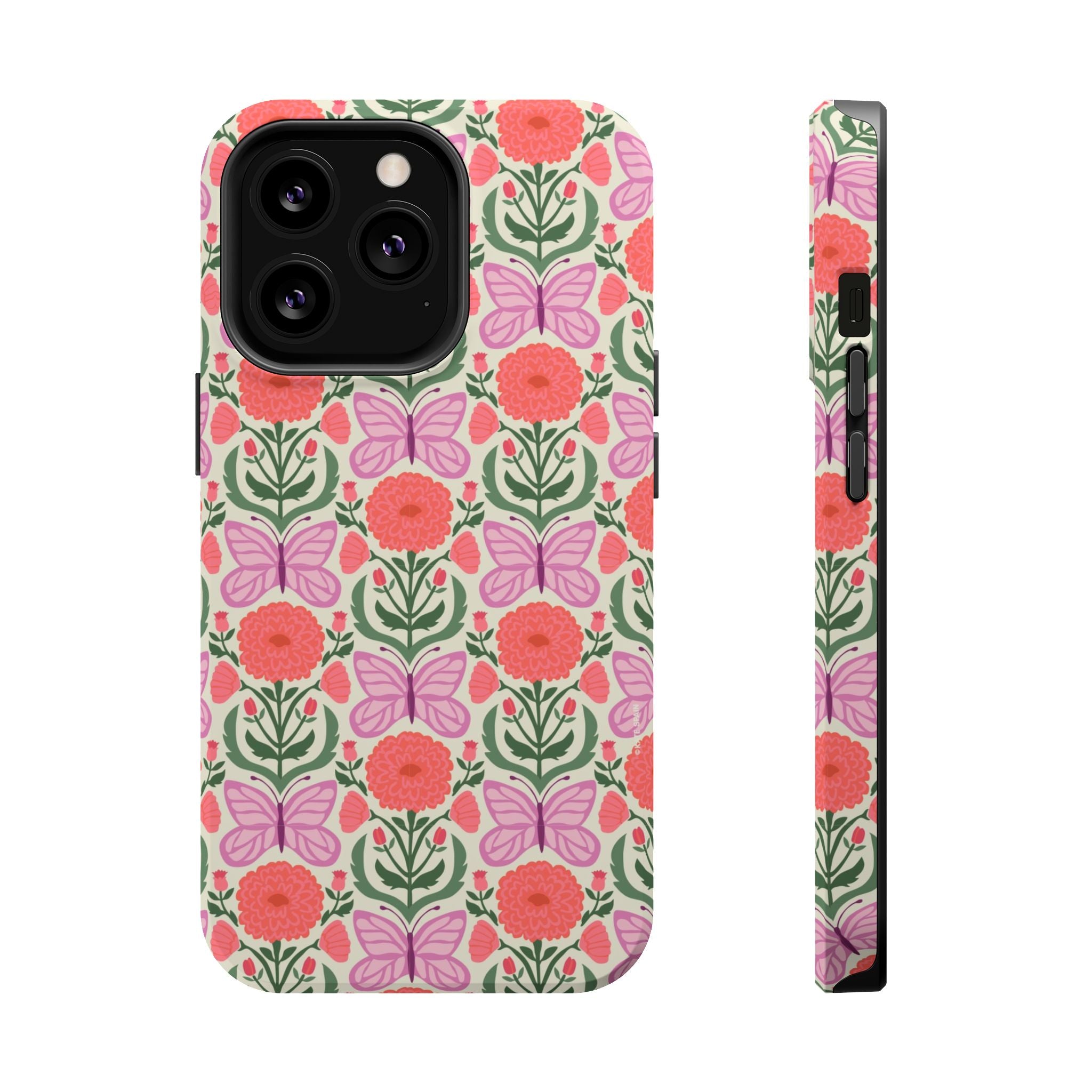 Pink Butterfly MagSafe iPhone 13 Pro Case – Matte | cream, coral, lavender, green butterfly floral print