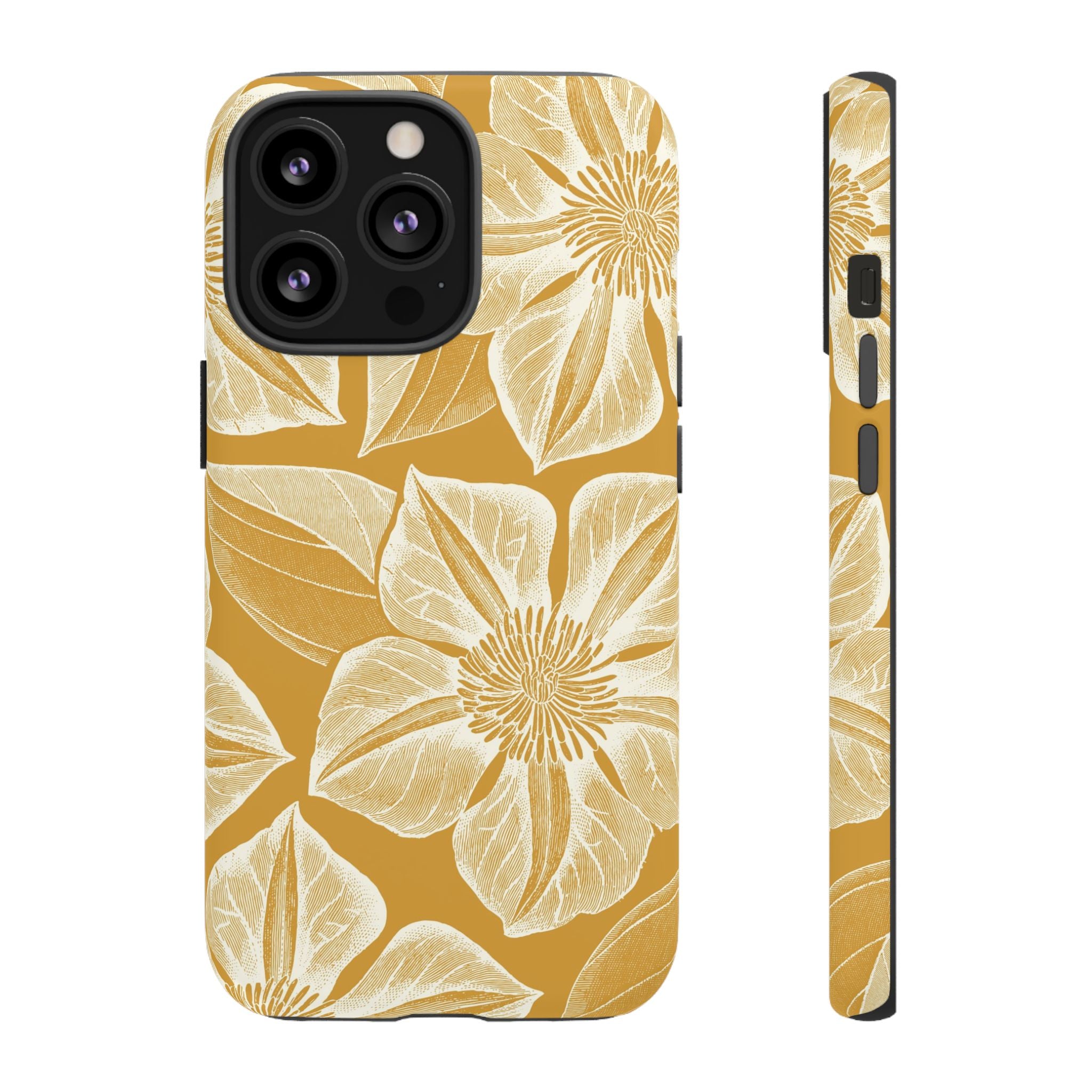 Vintage Bloom Gold iPhone 13 Pro case – Matte | gold ground, large-scale cream clematis print, engraved petal detail, dual-layer protection